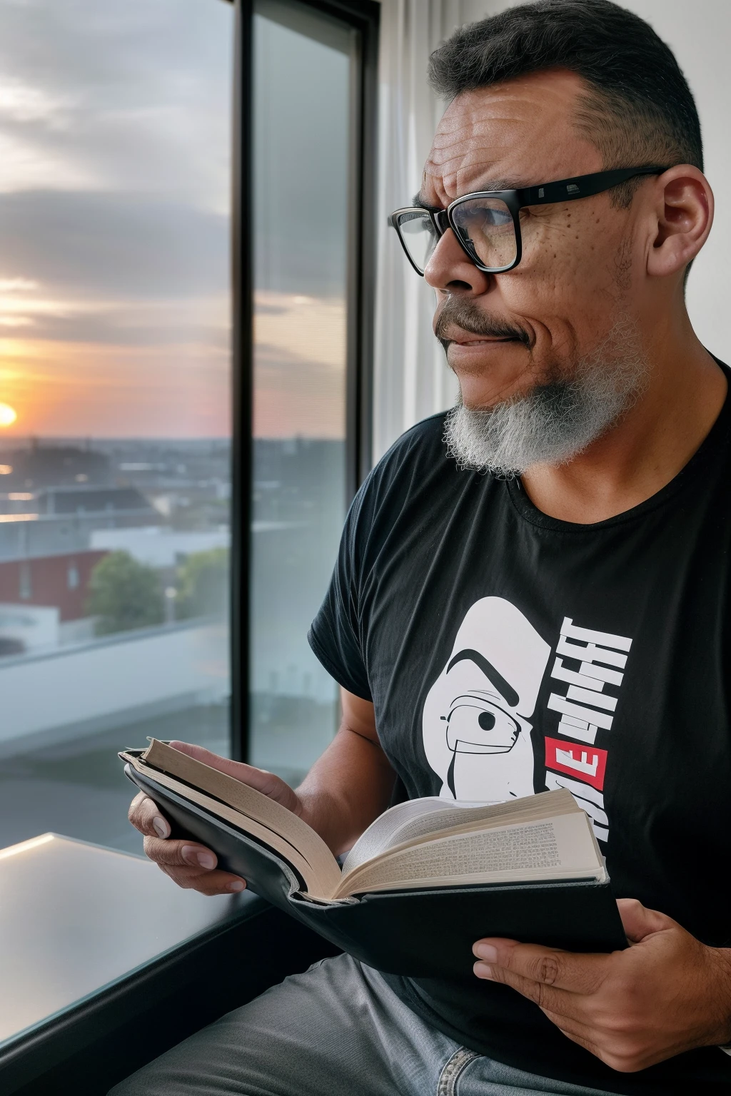 guttocyber1, Create an incredibly detailed and hyper-realistic portrait photograph of a man wearing glasses. He should be dressed casually in a black T-shirt, jeans, and sneakers, holding a book in his hand. The scene should convey his frustration as he struggles to read, with one hand on his head. He is seated in a European-style brown leather armchair, and the lighting from the window next to him should capture the warm, sunset colors.