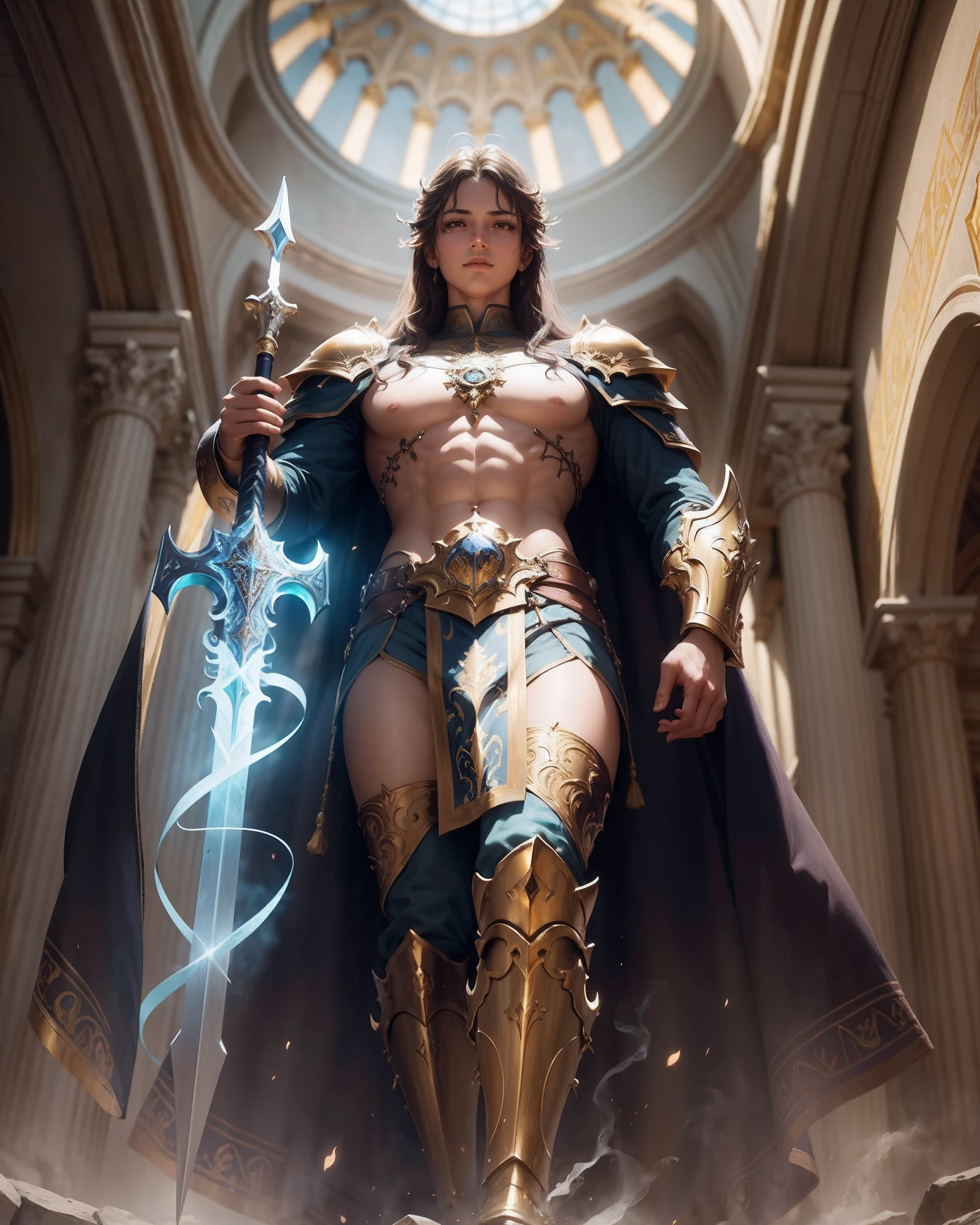 High Quality, Close-up, Fantasy Art, Chiaroscuro, Holy Paladin, Holy Temple background, Gleaming Light-Infused Sword, Radiant Light Magic, Angelic Expression, Sunlit Ambience, Majestic Art Style, Divine Effects, Halo, Armor details, Gleaming Armor, Ornate Details, Stained Glass Windows, Pious Aura, Angelic Figures, Enchanting Landscape, Camera Angle from Below, Canon 135mm Lens, Epic Detail Level, Vibrant Colors, Inspired by Gustave Doré, Raytraced Rendering, 8K Resolution, Golden Ratio Composition