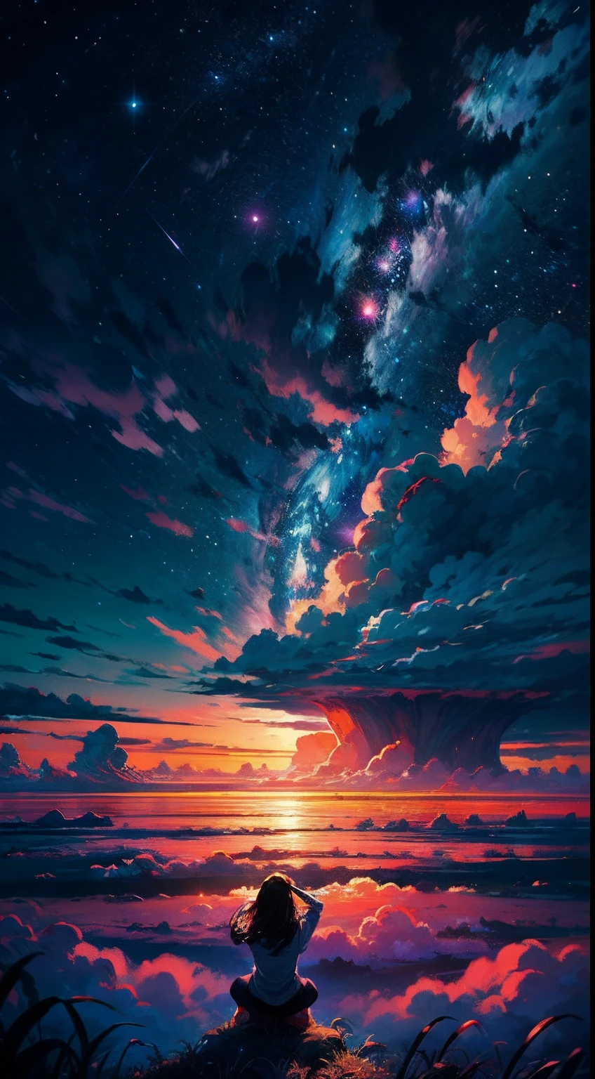 Perched upon a wispy cloud, a young girl gazes in awe at the breathtaking expanse above. The night sky comes alive with a sea of stars, twinkling like diamonds scattered across a velvet canvas. Cosmic phenomenons swirl and dance, painting streaks of vibrant colors across the vastness of space. With her hair gently tousled by the celestial breeze, the girl's silhouette stands as a witness to the beauty of the universe. Serene and filled with wonder, she becomes a part of this cosmic symphony, her presence illuminating the infinite possibilities that lie beyond the clouds.