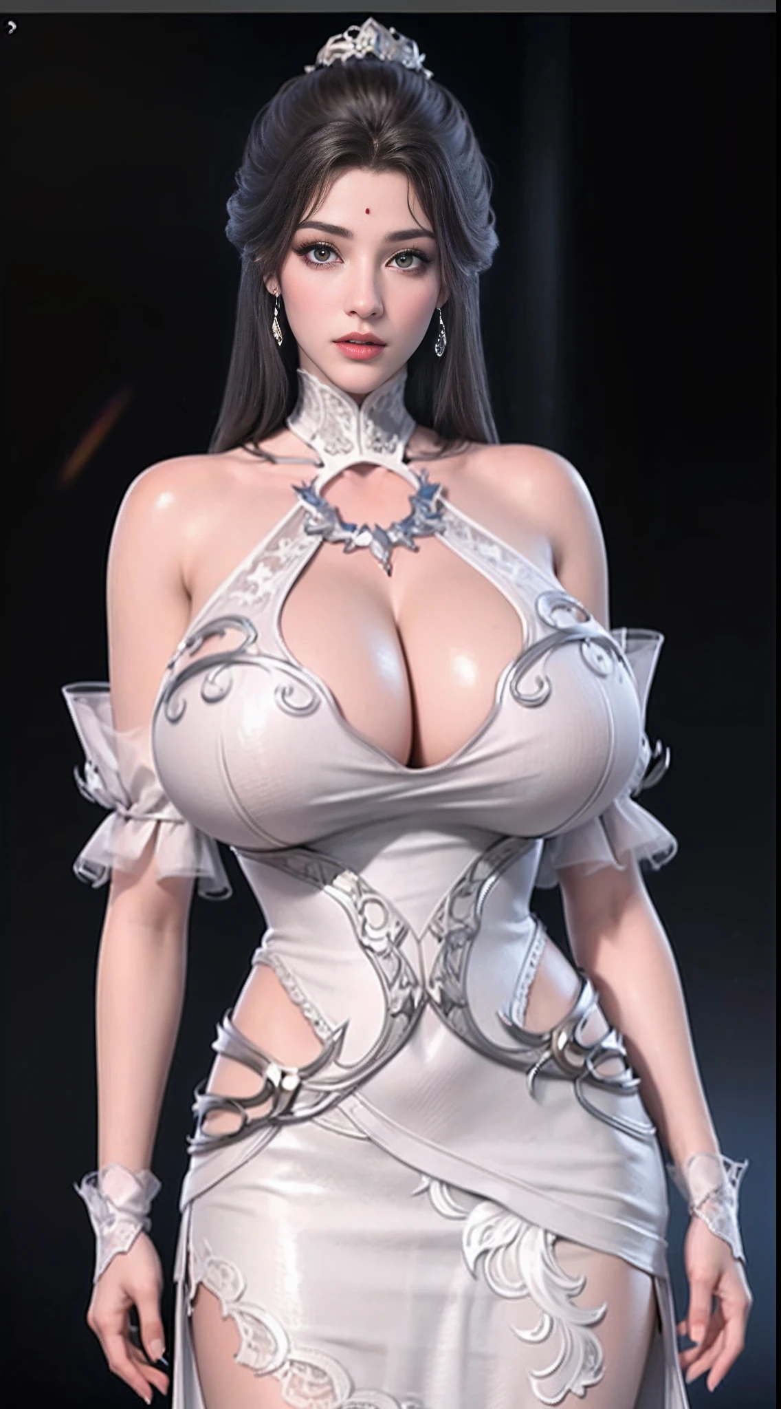 ultra realistic 8k cg, flawless, clean, professional artwork, famous artwork, cinematic bloom, perfect face, beautiful face, fantasy, dreamlike, unreal engine 5, science fiction, lace, lace trim, lace-trimmed legwear, luxury, jewelry, diamond, gold, pearl, gem, sapphire, ruby, emerald, intricate detail, delicate pattern, charming, alluring, seductive, erotic, enchanting, hair ornament, necklace, earrings, bracelet, armlet, halo, autumn., ((, 1girl, )), ((((, 1girl, solo, huge fake breasts:1.5, armor dress, half body, looking at viewer, standing)))), cinematic lighting, pov, masterpiece, best quality, anatomically correct, 16k, UHD, ccurate, retina