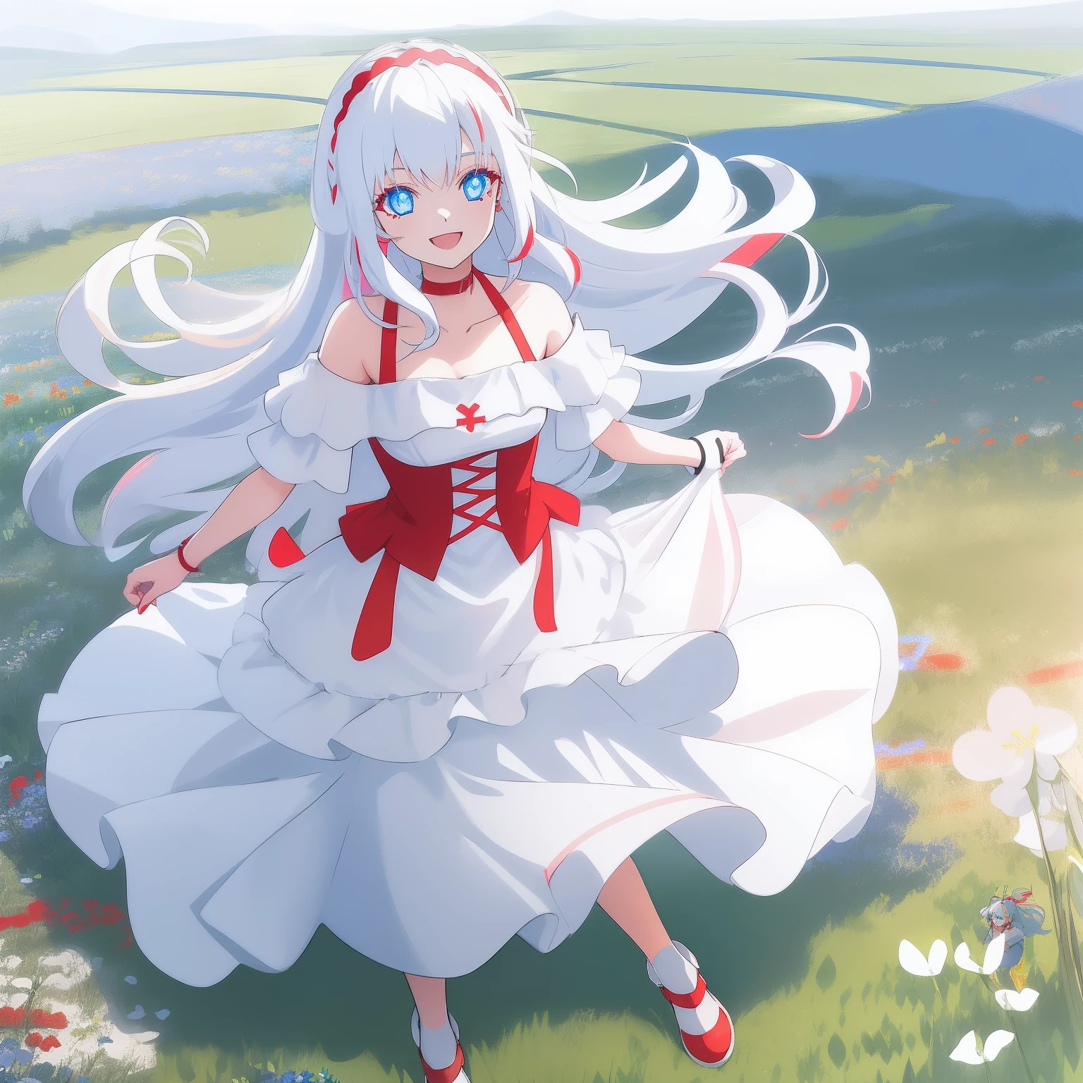 1 woman, fullbody, white hair, Throat red, ((((fluorescent blue eyes)))), long hair, happy, smile, 18 year old, dynamic angle, blue hairband,white dress, off shoulder, soul gem, race, ((((meadow))))