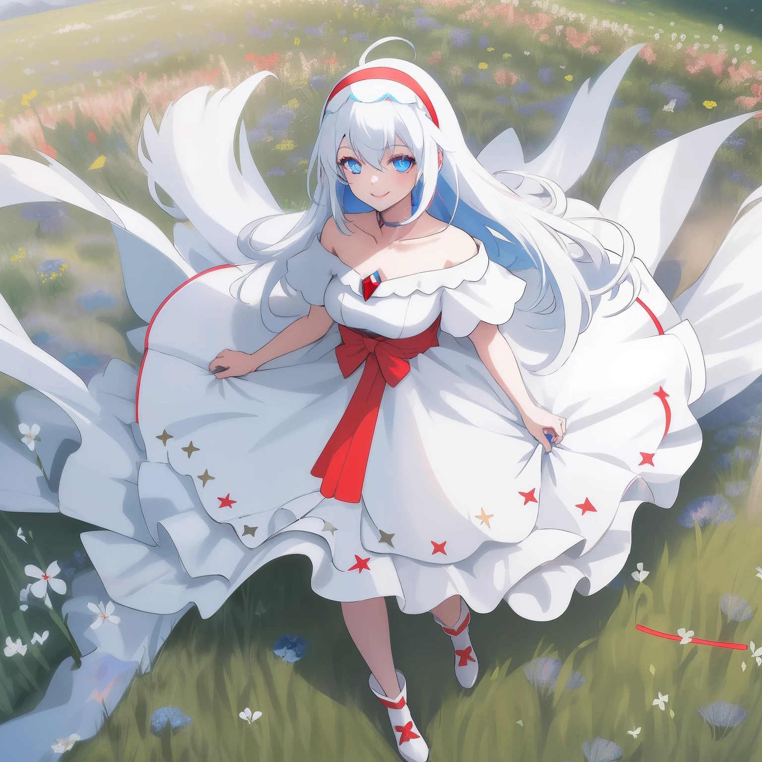 1 woman, fullbody, white hair, Throat red, ((((fluorescent blue eyes)))), long hair, happy, smile, 18 year old, dynamic angle, blue hairband,white dress, off shoulder, soul gem, race, ((((meadow))))