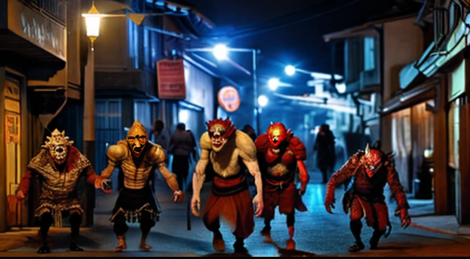full body view、japanese Street corner at night、Several Great Demons、Several vampires、Demon to a few people、Many ogres、Many goblins、A few zombies、Several ghouls、Many kobolds, Street corners at night, several large ogres, several vampires, several ogres, many kobolds, many goblins, several zombies, several ghouls, many kobolds