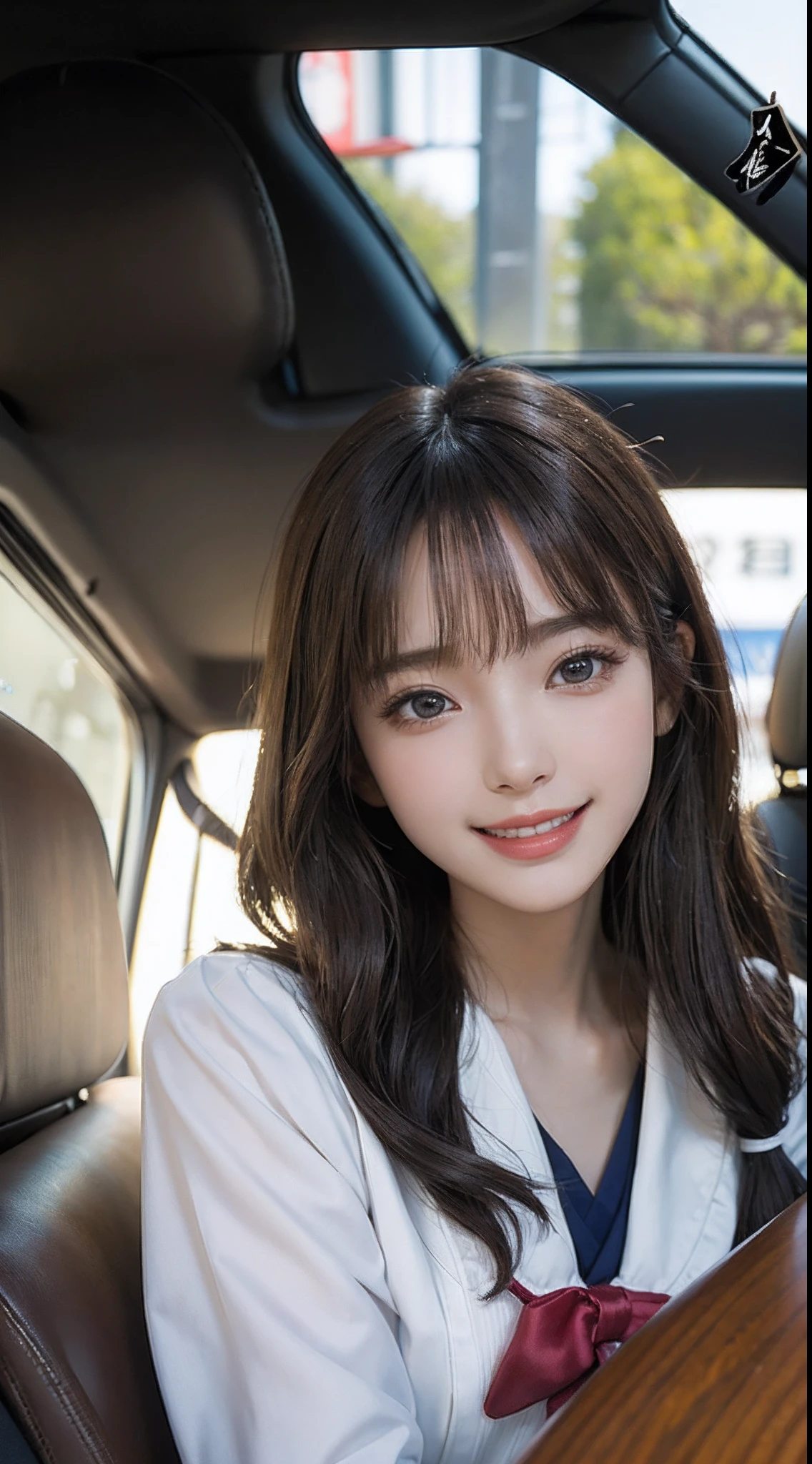 masterpiece、one beautiful women、A detailed face、A detailed eye、Detailed skin、top-quality、japanes、Illuminated from the front with bright lighting、profetional lighting、Facing straight ahead、The background is a little blurry、24 year old、Riding in the back seat of a car、Girl wearing schoolgirl sailor suit、a smile、