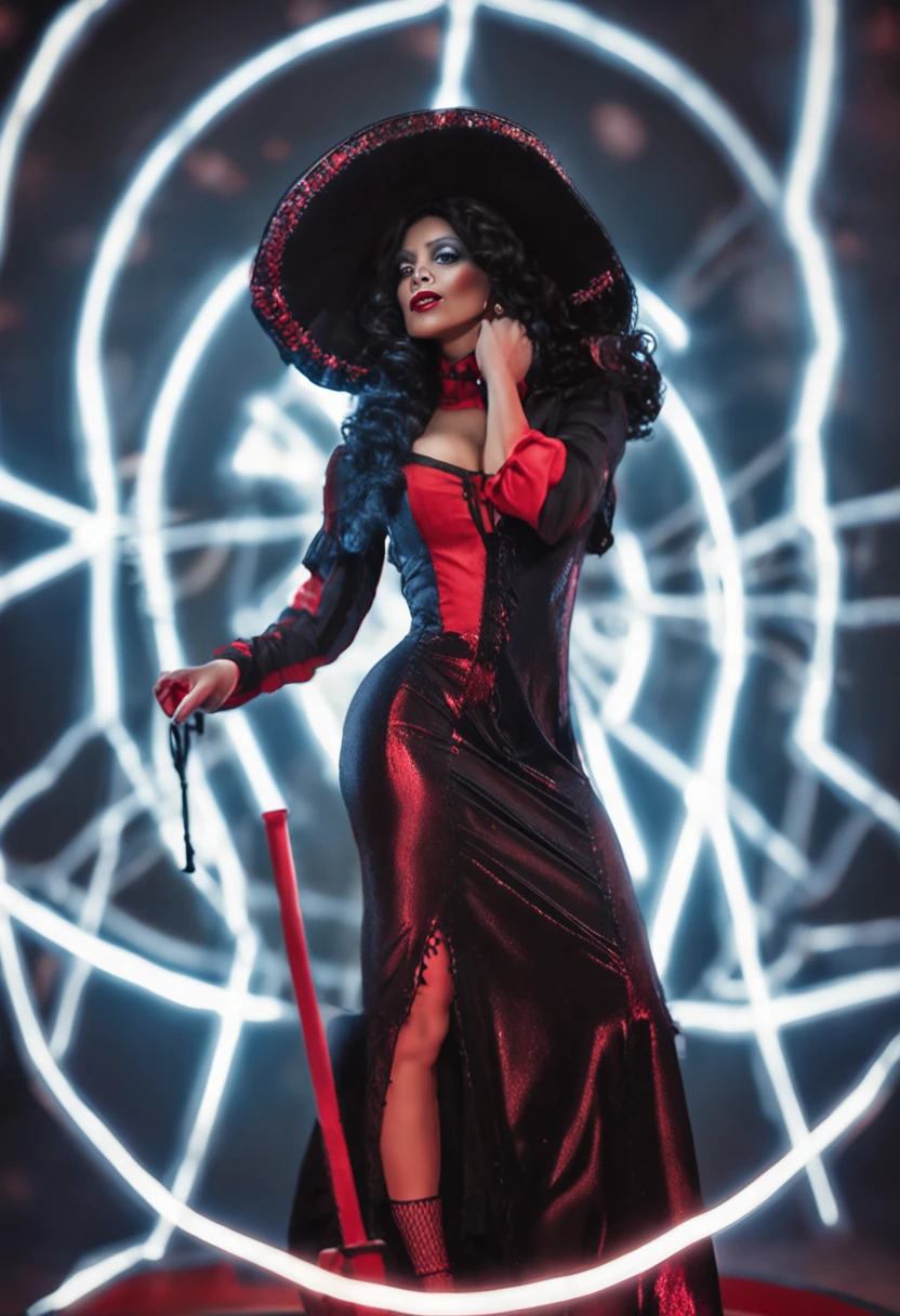 retrato de una Bruja muy sexy y sensual de Halloween, (((boca roja))), (((con cabello negro lacio))), (((ropa negra))), fotorealista, fotorealismo, unzoom, gorro completo, lineas perfectas, rostro realista, intrincado, Detallado, digital SLR camera , 8k UHD, negros profundos, , prominent mammary glands