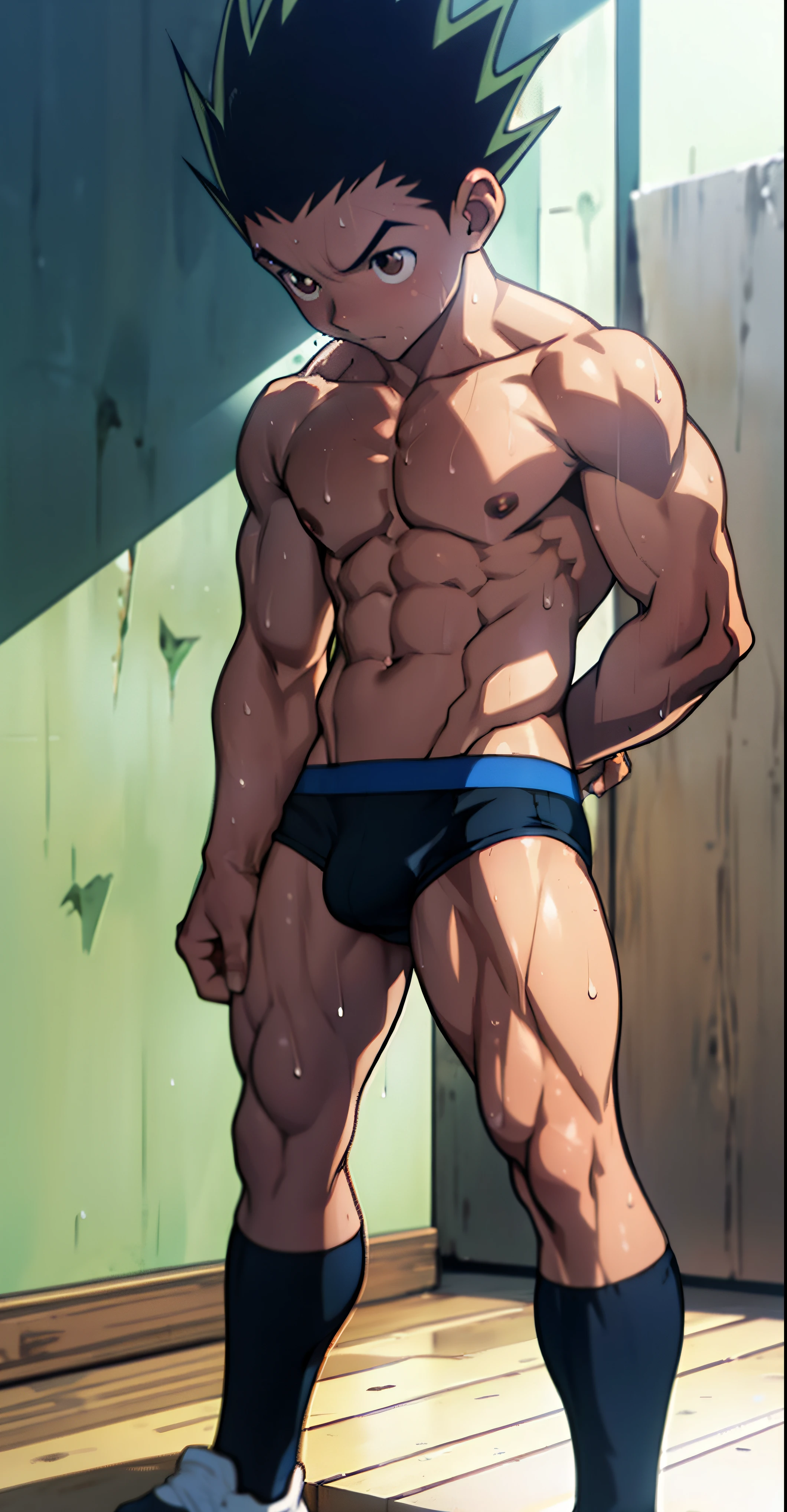 full body,  boy anime , topless, shirtless, cute baby face, y, huge strong thigh muscles, muscular arms, sweat dripping, wearing triangle underwear  , underwear bulging due to genitals, white underwear, hands behind back (photo angle from bottom up)