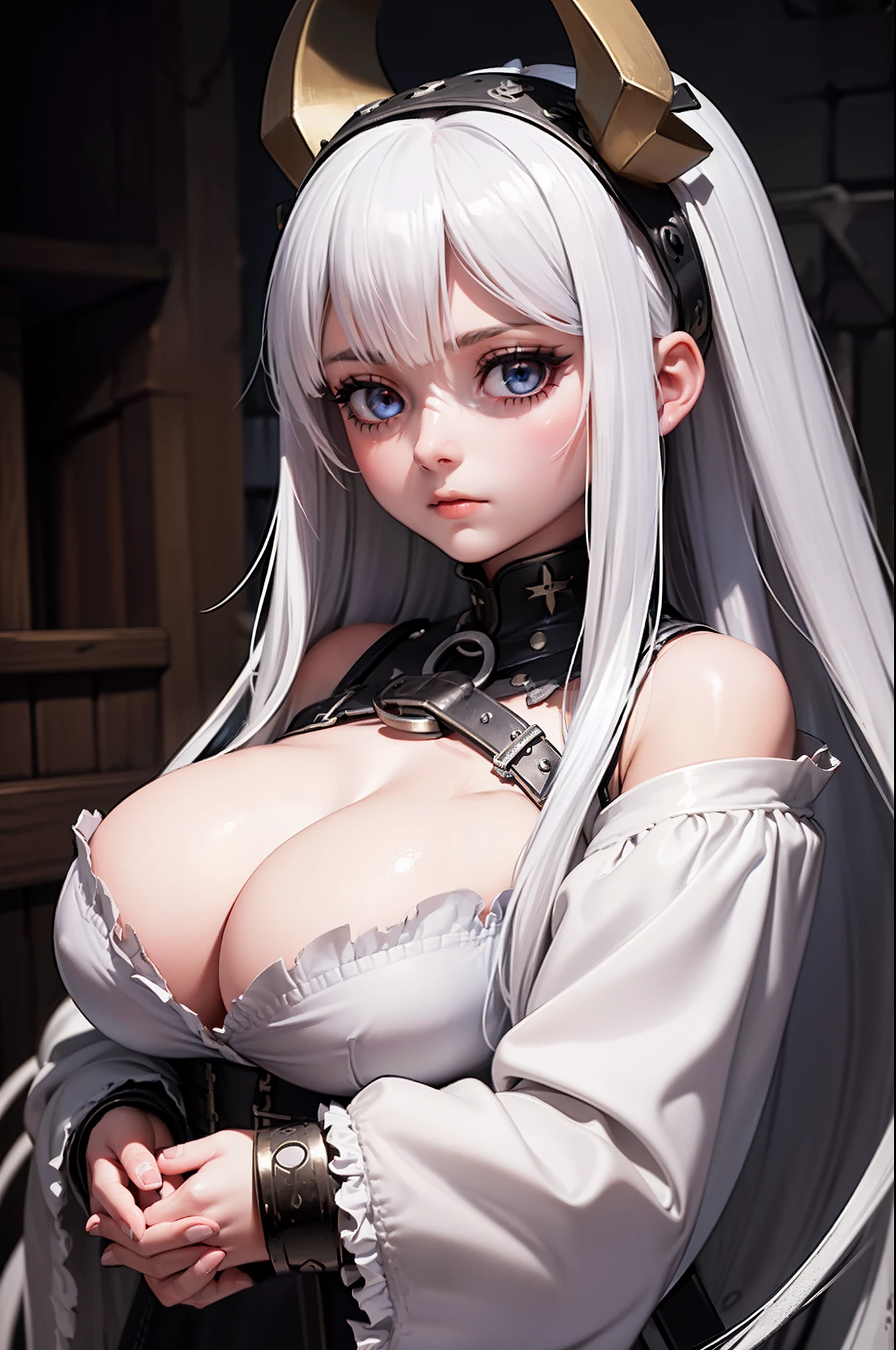 Girl with long white hair, pretty face, (tight medieval torn clothes:1.3), (detailed face and eyes:1.4), (deep cleavage), (gigantic beasts), girl's hands raised high, her hands are in prison handcuffs, (girl on her knees), (inside a medieval prison cell), a (slave iron collar around his neck), (blurred eyeshadow), (sad facial expression).