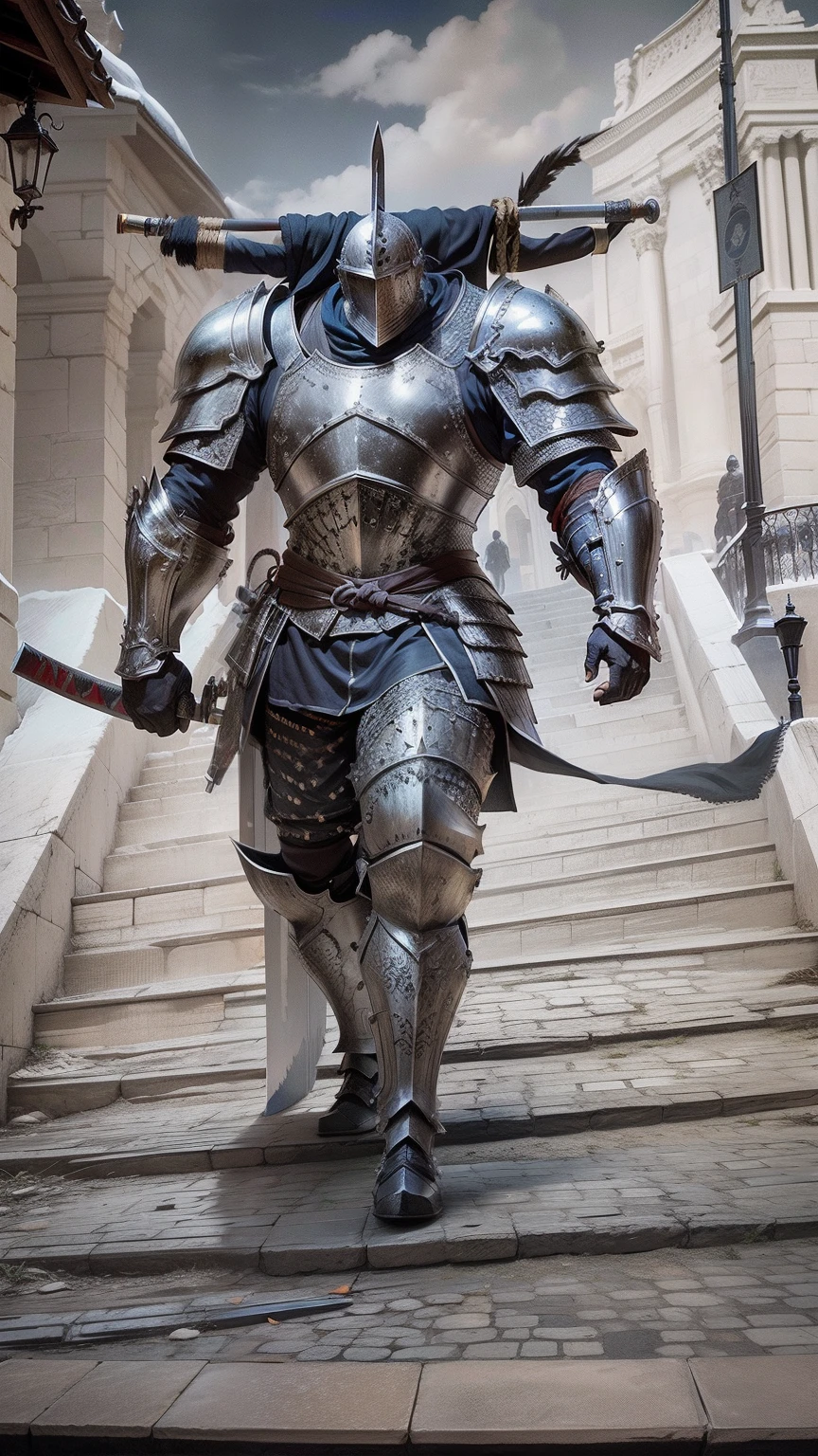 Medieval heavy armor，Armed with a giant katana，Three meters tall，Stand on the steps