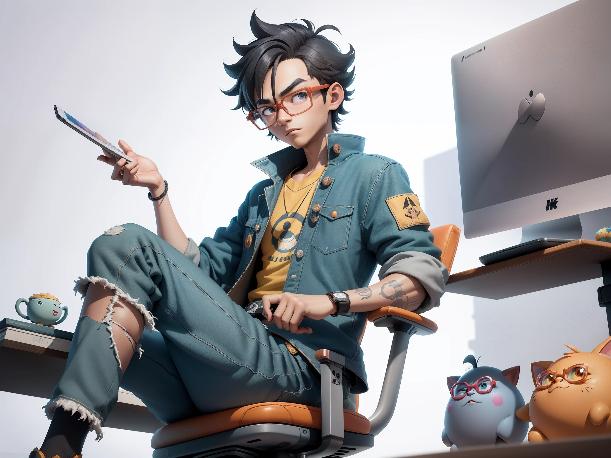 A young man with glasses sits at his desk,holding laptop,digitial painting,3D character design by Mark Clairen and Pixar and Hayao Miyazaki and Akira Toriyama,4K HD illustration,Very detailed facial features and cartoon-style visuals。
