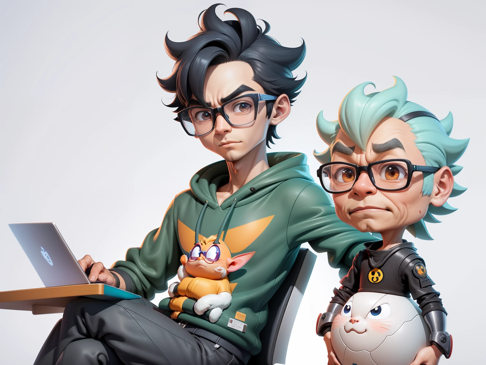 A young man with glasses sits at his desk,holding laptop,digitial painting,3D character design by Mark Clairen and Pixar and Hayao Miyazaki and Akira Toriyama,4K HD illustration,Very detailed facial features and cartoon-style visuals。