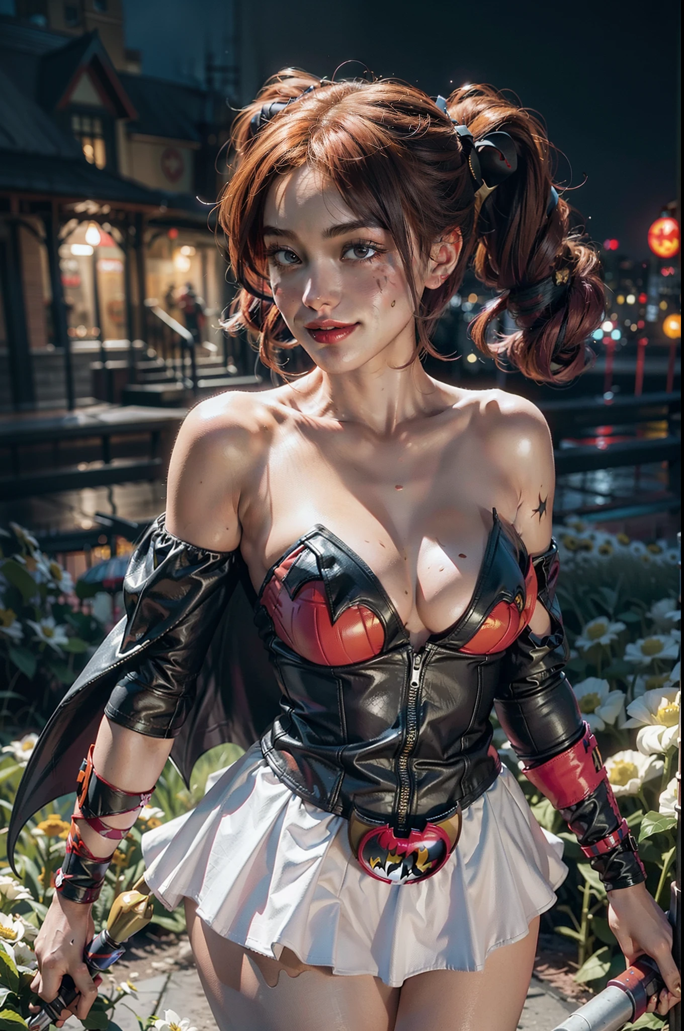 Chibi, Harley Quinn ((wearing a batgirl costume)) Best quality, masterpiece, ultra high res, (photorealistic:1.4), raw photo, 1girl, white dress, off shoulder, blossom flower field, glowing skin, light smile