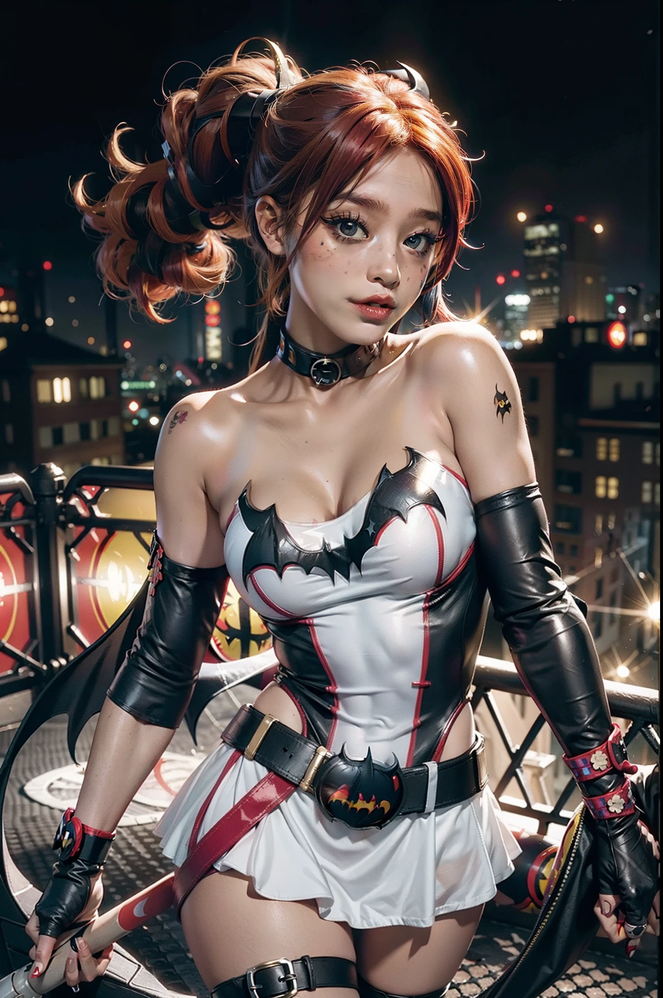 Chibi, Harley Quinn ((wearing a batgirl costume)) Best quality, masterpiece, ultra high res, (photorealistic:1.4), raw photo, 1girl, white dress, off shoulder, blossom flower field, glowing skin, light smile