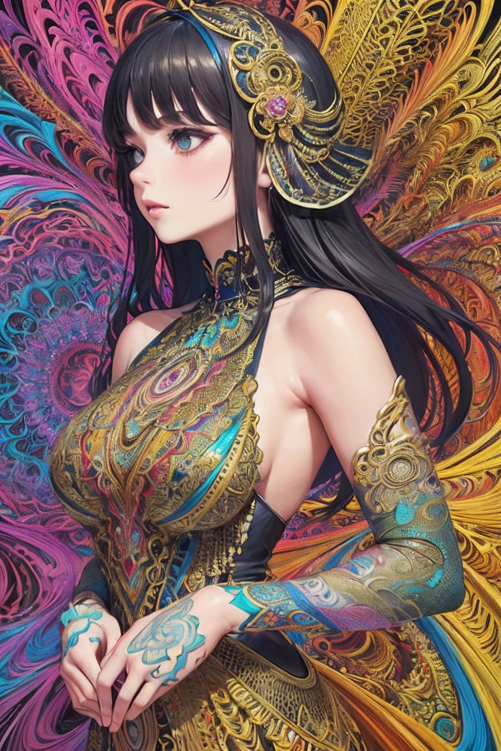 (masterpiece, top quality, best quality, official art, beautiful and aesthetic:1.2), (1girl:1.3), extremely detailed,(fractal art:1.2),colorful,highest detailed,(zentangle:1.2), ((dynamic pose)), (abstract background:1.5), (traditional dress:1.2), (shiny skin), (many colors:1.4), upper body.