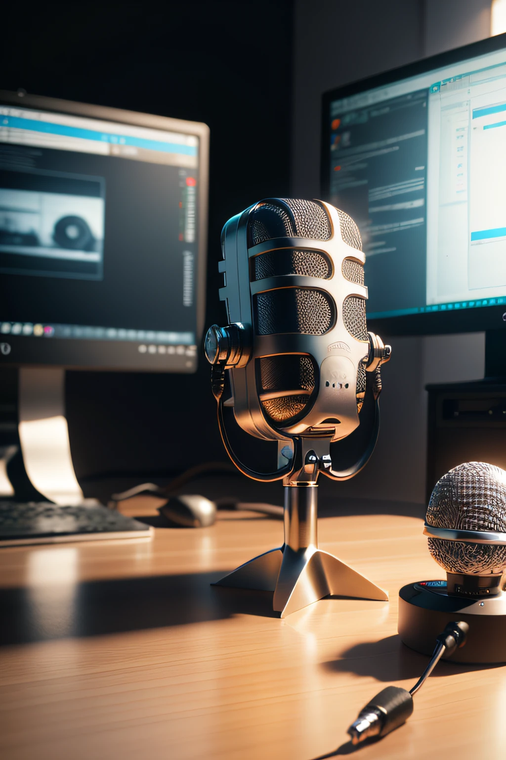 There is a microphone on the table next to the computer, 3 d product render, sitting in front of a microphone, highly detailed render, microphones, Product rendering, standing microphones, studio microphone, Professional grade, fully detailed render, detailed wide shot, depicted as a 3 d render, detailed render, Higher detailed illustration, microphones, Table with microphone