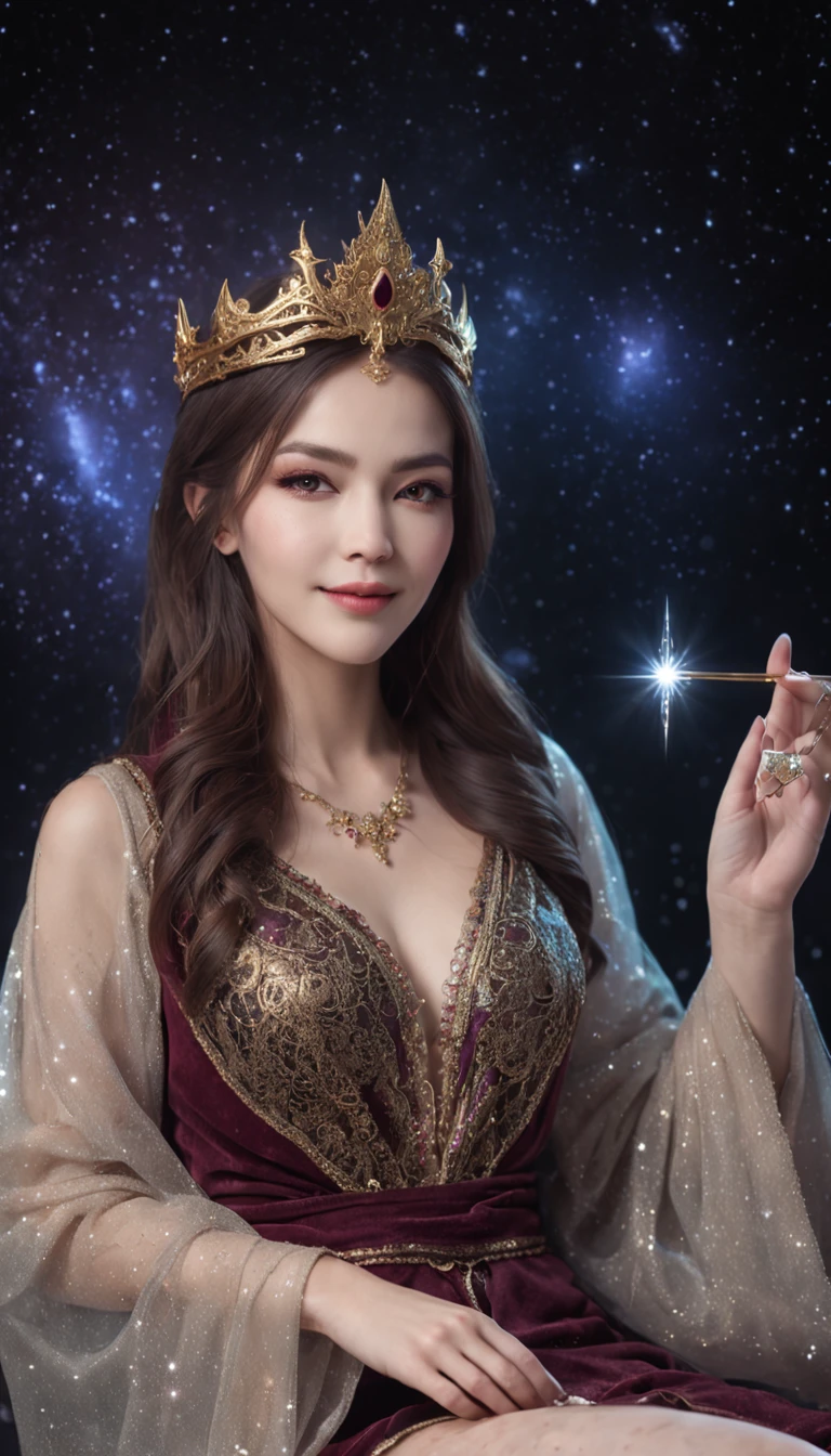 Smiling expression. She is sitting and posing with her legs spread. Generate images of female wizard with sexy robes (Raw legs or tights) And the mysterious magic wand. Give this image a magical aura and starry glow. Next, Add a wizard's sexy robe with a design that emphasizes the lines of the body, With slit and gold thread embroidery to give a special touch. reeds, Combine accessories with a headpiece, Star-shaped jewel-studded necklace, Matching rings and earrings. Finally, Complete the female wizard atmosphere with eyeshadow and sparkling lips. location: beneath the stars, Mystical altar lined with huge ancient stone circles. This location is、Moonlight and starlight match.、Provides an atmosphere that complements the wizard's costume.