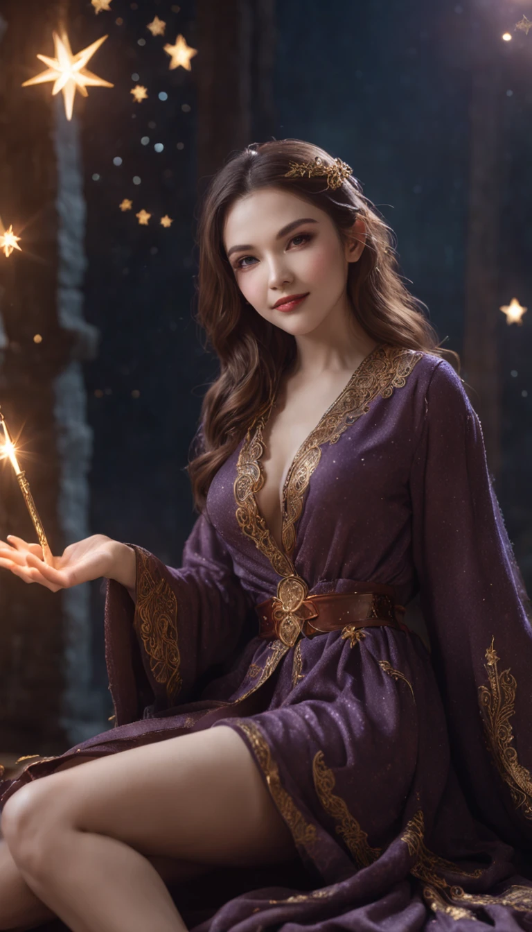 Smiling expression. She is sitting and posing with her legs spread. Generate images of female wizard with sexy robes (Raw legs or tights) And the mysterious magic wand. Give this image a magical aura and starry glow. Next, Add a wizard's sexy robe with a design that emphasizes the lines of the body, With slit and gold thread embroidery to give a special touch. reeds, Combine accessories with a headpiece, Star-shaped jewel-studded necklace, Matching rings and earrings. Finally, Complete the female wizard atmosphere with eyeshadow and sparkling lips. location: beneath the stars, Mystical altar lined with huge ancient stone circles. This location is、Moonlight and starlight match.、Provides an atmosphere that complements the wizard's costume.