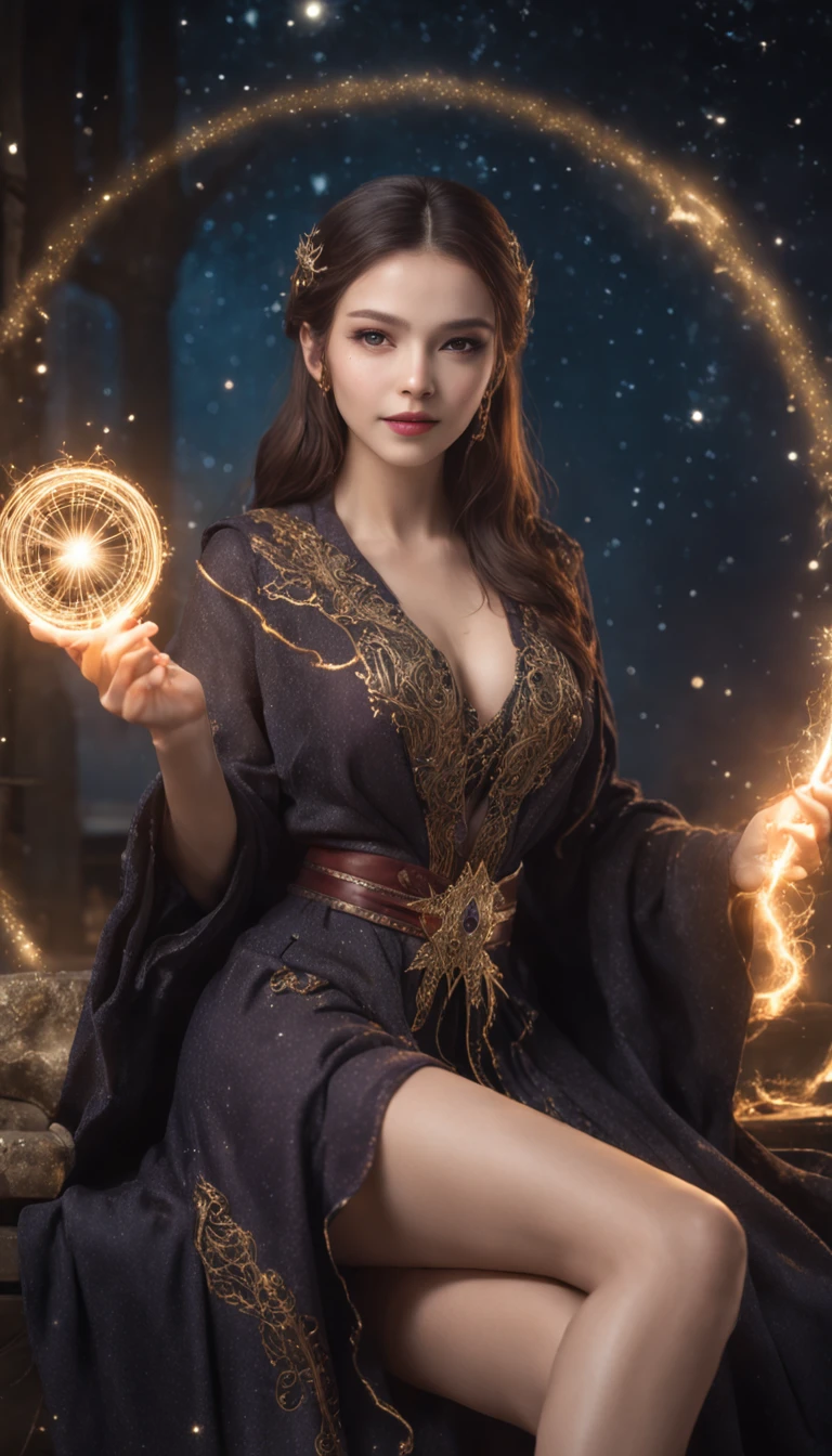 Smiling expression. She is sitting and posing with her legs spread. Generate images of female wizard with sexy robes (Raw legs or tights) And the mysterious magic wand. Give this image a magical aura and starry glow. Next, Add a wizard's sexy robe with a design that emphasizes the lines of the body, With slit and gold thread embroidery to give a special touch. reeds, Combine accessories with a headpiece, Star-shaped jewel-studded necklace, Matching rings and earrings. Finally, Complete the female wizard atmosphere with eyeshadow and sparkling lips. location: beneath the stars, Mystical altar lined with huge ancient stone circles. This location is、Moonlight and starlight match.、Provides an atmosphere that complements the wizard's costume.