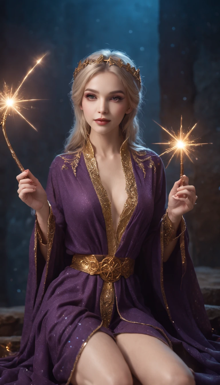 Smiling expression. She is sitting and posing with her legs spread. Generate images of female wizard with sexy robes (Raw legs or tights) And the mysterious magic wand. Give this image a magical aura and starry glow. Next, Add a wizard's sexy robe with a design that emphasizes the lines of the body, With slit and gold thread embroidery to give a special touch. reeds, Combine accessories with a headpiece, Star-shaped jewel-studded necklace, Matching rings and earrings. Finally, Complete the female wizard atmosphere with eyeshadow and sparkling lips. location: beneath the stars, Mystical altar lined with huge ancient stone circles. This location is、Moonlight and starlight match.、Provides an atmosphere that complements the wizard's costume.