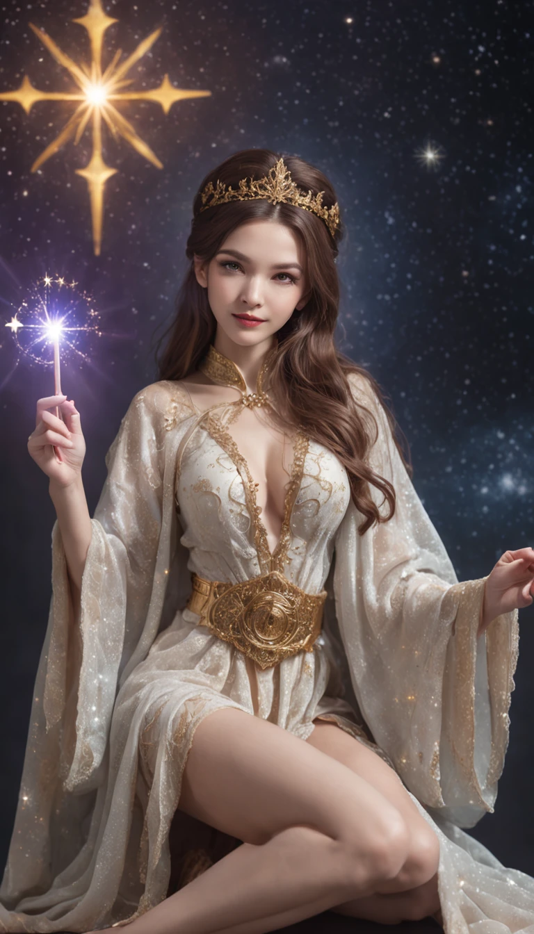 Smiling expression. She is sitting and posing with her legs spread. Generate images of female wizard with sexy robes (Raw legs or tights) And the mysterious magic wand. Give this image a magical aura and starry glow. Next, Add a wizard's sexy robe with a design that emphasizes the lines of the body, With slit and gold thread embroidery to give a special touch. reeds, Combine accessories with a headpiece, Star-shaped jewel-studded necklace, Matching rings and earrings. Finally, Complete the female wizard atmosphere with eyeshadow and sparkling lips. location: beneath the stars, Mystical altar lined with huge ancient stone circles. This location is、Moonlight and starlight match.、Provides an atmosphere that complements the wizard's costume.