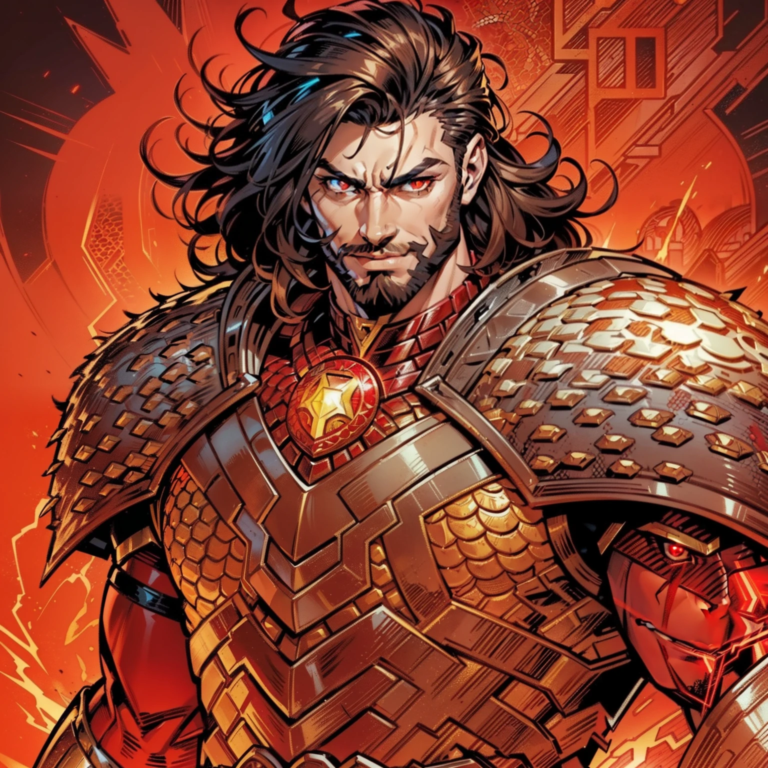 ((Sadurang from Marvel comics)). Antihero. Comics style. Game portrait. Tall buffed man, red glowing eyes, wild mane, dark brown hair, shoulder length hair, ((short hair)), mullet hairstyle, short beard, wearing armor of gold and red dragon scales. Detailed face, glowing red eyes, sly smile. Monotone background.