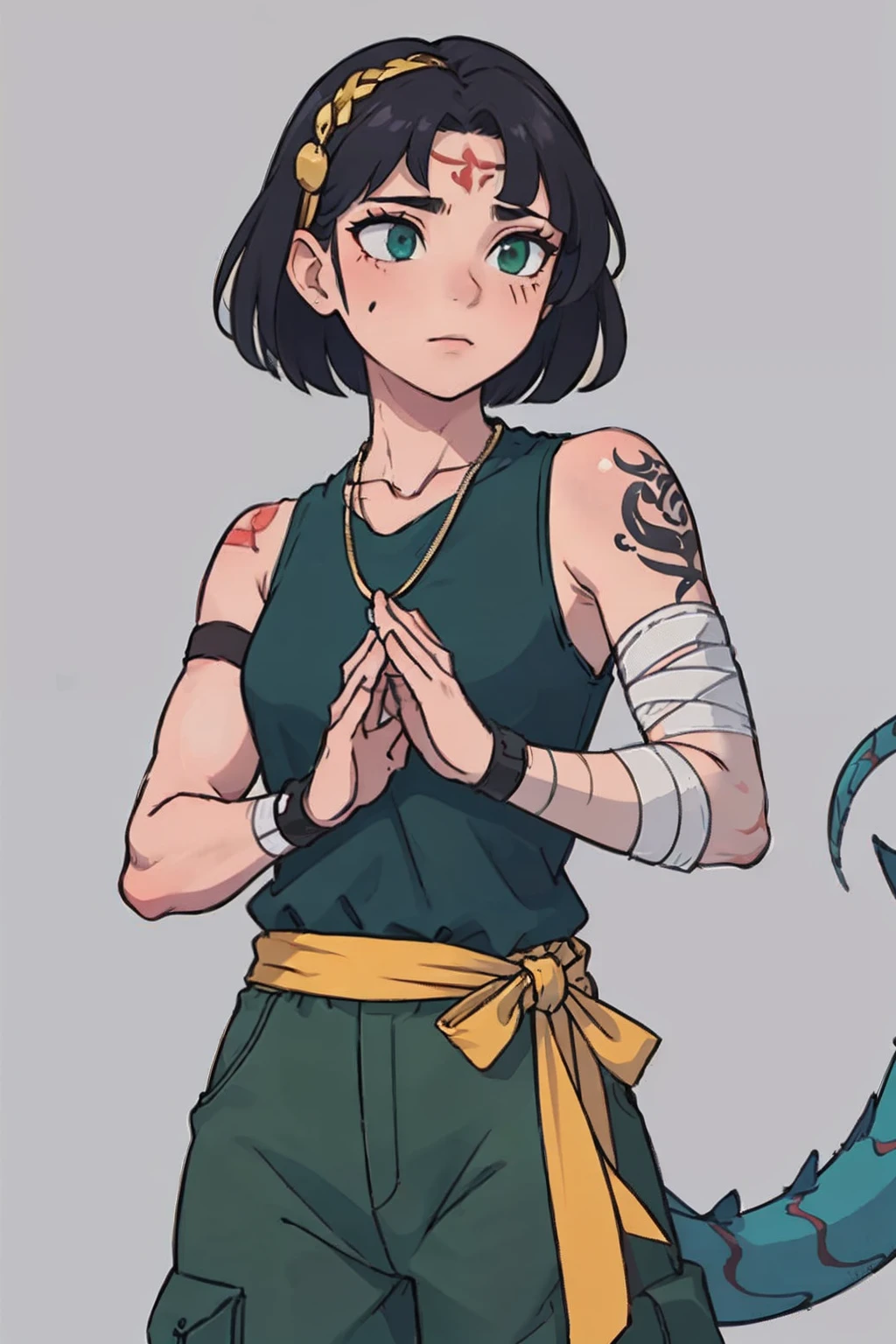 (1girl) (masterpiece) (high_quality) (fantasy) (detailed_hands) Shira: tall and fit physique, light skin tone. Hair: short grey with two bangs. Scars: multiple on face and body, one prominent vertical scar across the throat. Tattoo: blue dragon on right shoulder. Attire: long sleeveless dark green shirt tied with a light green sash, grey pants, black arm braces. Accessories: forehead protector attached to the bottom of shirt, bandages on right biceps, small amber magatama necklace. Special_instruction: focus on detailed and well-proportioned hands.