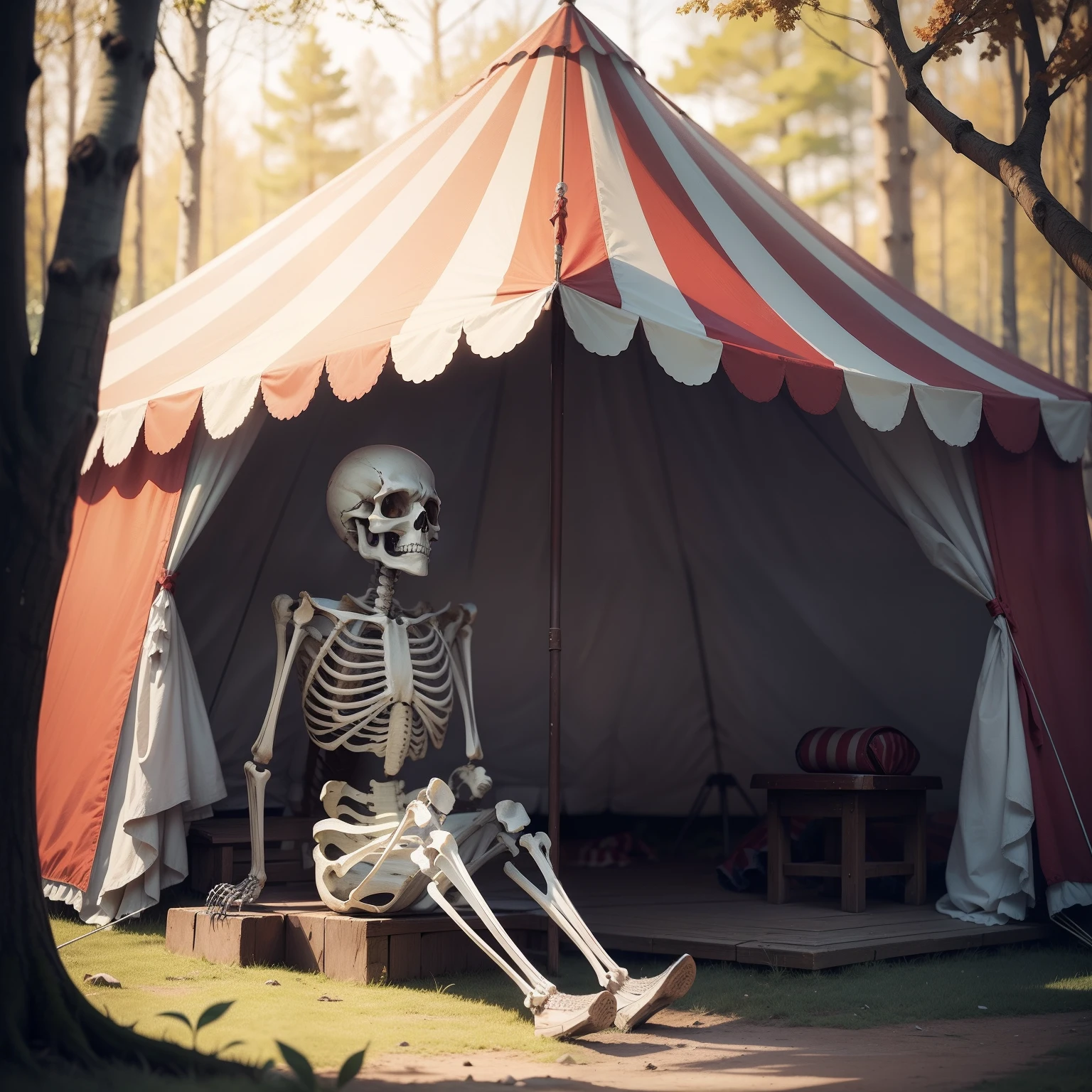 Very detailed and realistic skeleton sitting on a square bench in a wooded field, In the background of the image is a red and white circus tent
