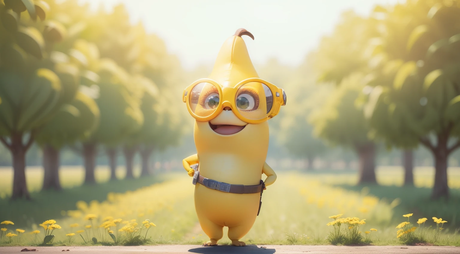 little banana character all yellow,with yellow glasses, with a background of a field with trees, pixar disney cartoon style