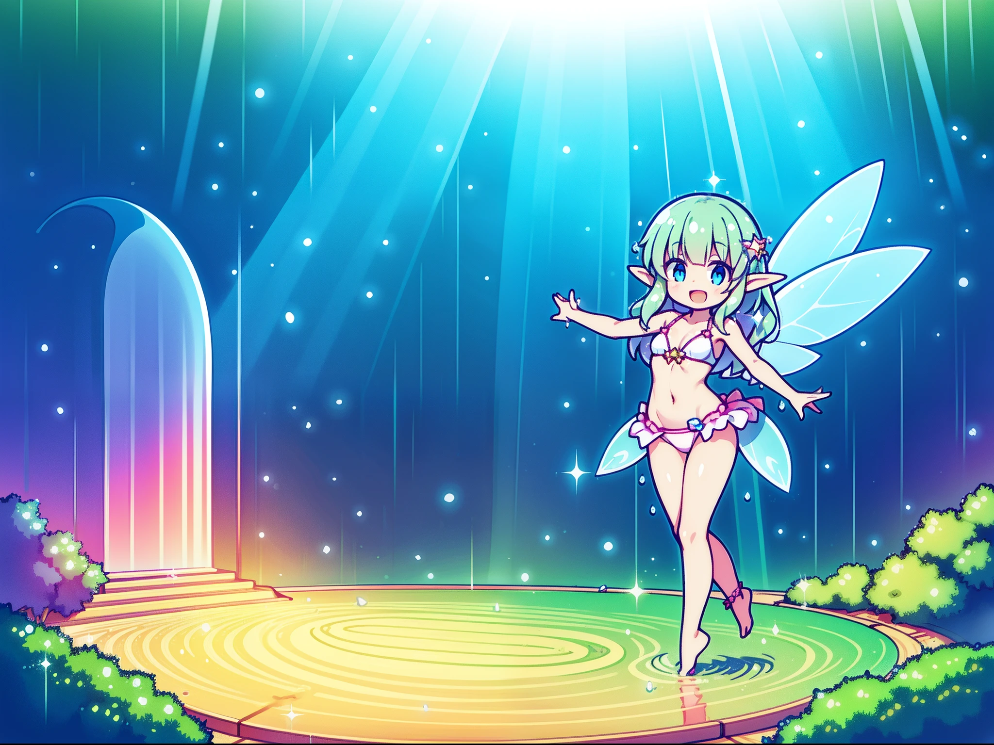 fantasy world; Bright colors, Indescribably sweet, Cartoon style, Style Fairy Tale; Charming graceful elf, in full height, in a tiny translucent petal bikini, wet through and through, Dancing in the rain, barely touching the ground with your feet;, Wet long hair splashes water, humid, humid, sparkly skin, Graceful pirouettes, Plastic movements, Playful mood, joyful smile, eye shine; A magical forest; The rain is clearly visible; oblique rays of the sun; A rainbow is visible in the distance; The background is slightly blurred; high quality textures, higly detailed, realistness
