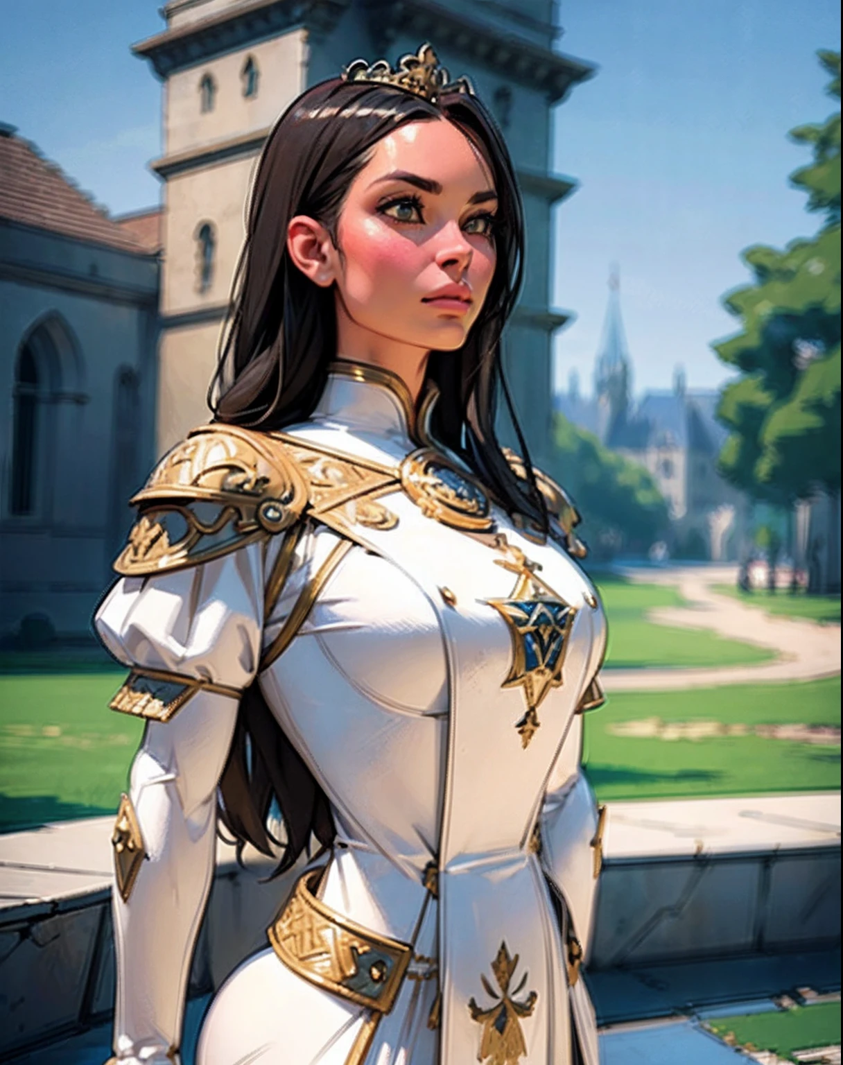 (masterpiece), (extremely intricate:1.3),, (realistic), portrait of a girl, the most beautiful in the world, (medieval armor), metal reflections, upper body, outdoors, intense sunlight, far away castle, professional photograph of a stunning woman detailed, sharp focus, dramatic, award winning, cinematic lighting, octane render, unreal engine, volumetrics dtx, (film grain, bokeh, blurry foreground, blurry background), crest on chest