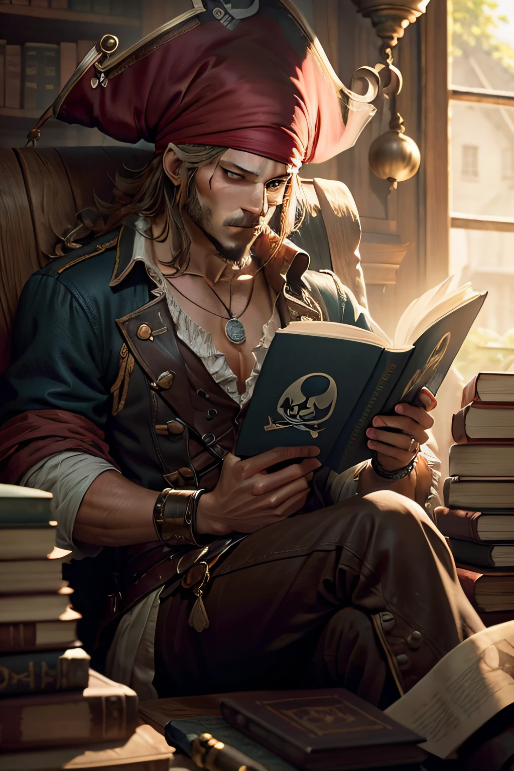 pirate with a hat sitting reading books,