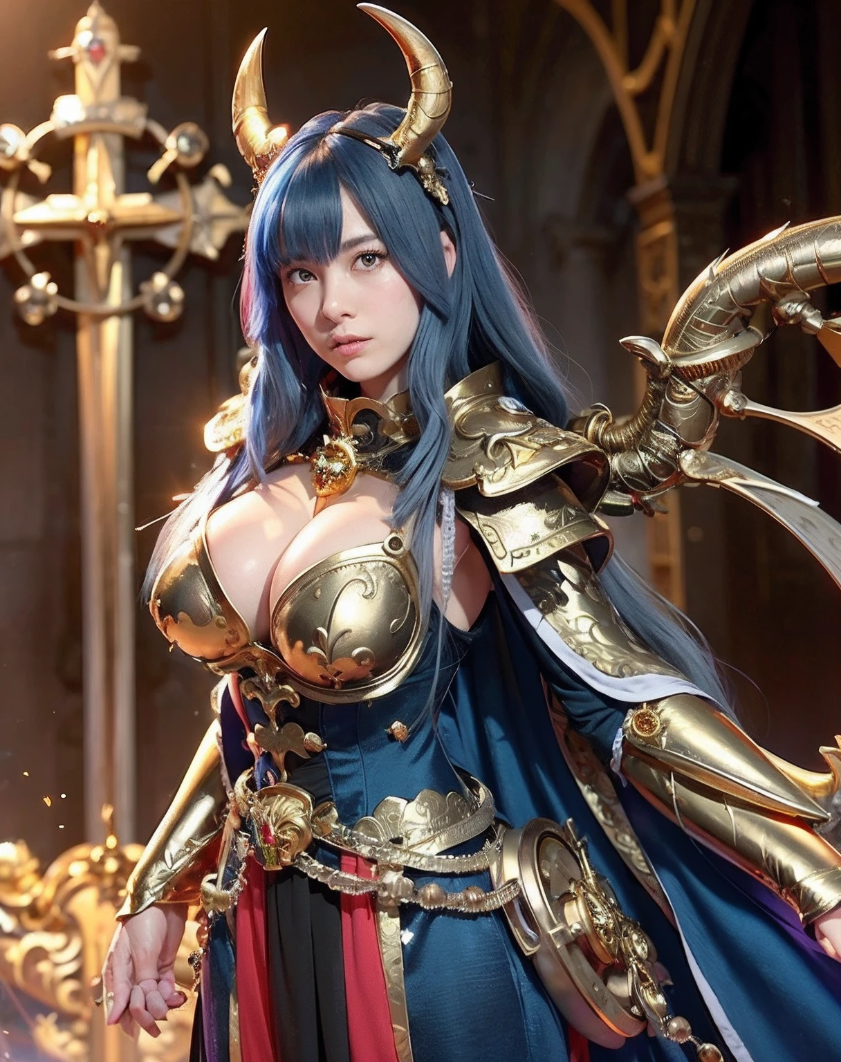 Professional , masterpiece、top-quality、photos realistic , depth of fields 、(Gemstone Blue Metal Body:1.2),(Matte Blue Black、(Standing in the church)、gold patterns、Wind-effect、Light Effects、Wind-effect、magic circles、(cleavage of the breast)、Dragon Gold Weapon(Dragon Metal Body:1.4),Gorgeous gold weapons ,(Particles of light)、(Strange expressions)、Mystical expression、-yeld beiful girl、(( Dragon's dense and gorgeous sword)) , Ultimate Beauty 、((Blue hair))、(Castle background)、The dragon、((Gangle's forest background))、Beautiful Caucasian beauty、(1a person)、dynamic ungle,(((Details of the two demon horns on the head)))、Smaller head、A smile、Castle background、Thin and beautiful female hands、cleavage of the breast、Soldier in iron armor on background、Mystical expression、Light Effects、Wind-effect、magic circles、With the legendary magic wand、(demonic wings)、(Blue hair)、(1 persons)、Battle Look、Anatomically correct body、Toostock、Toostock、