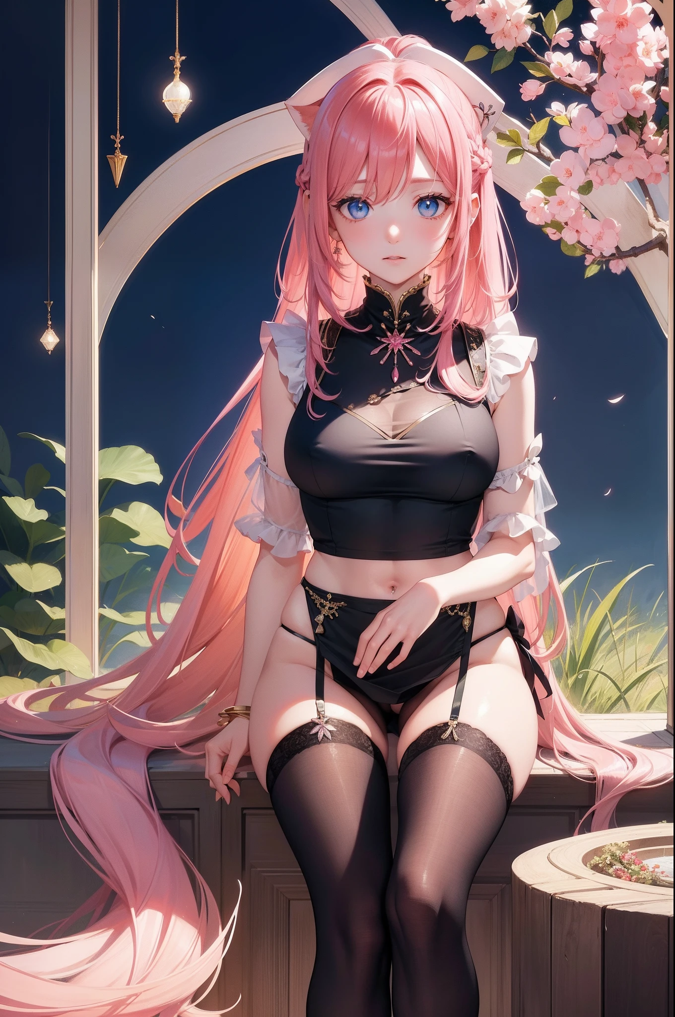 masterpiece, top-quality, The best illustrations, 独奏, A pink-haired, 1girl in, jewely, 耳Nipple Ring, the bow, length hair, blue eyess, fronds, The upper part of the body, vests,See-through clothing