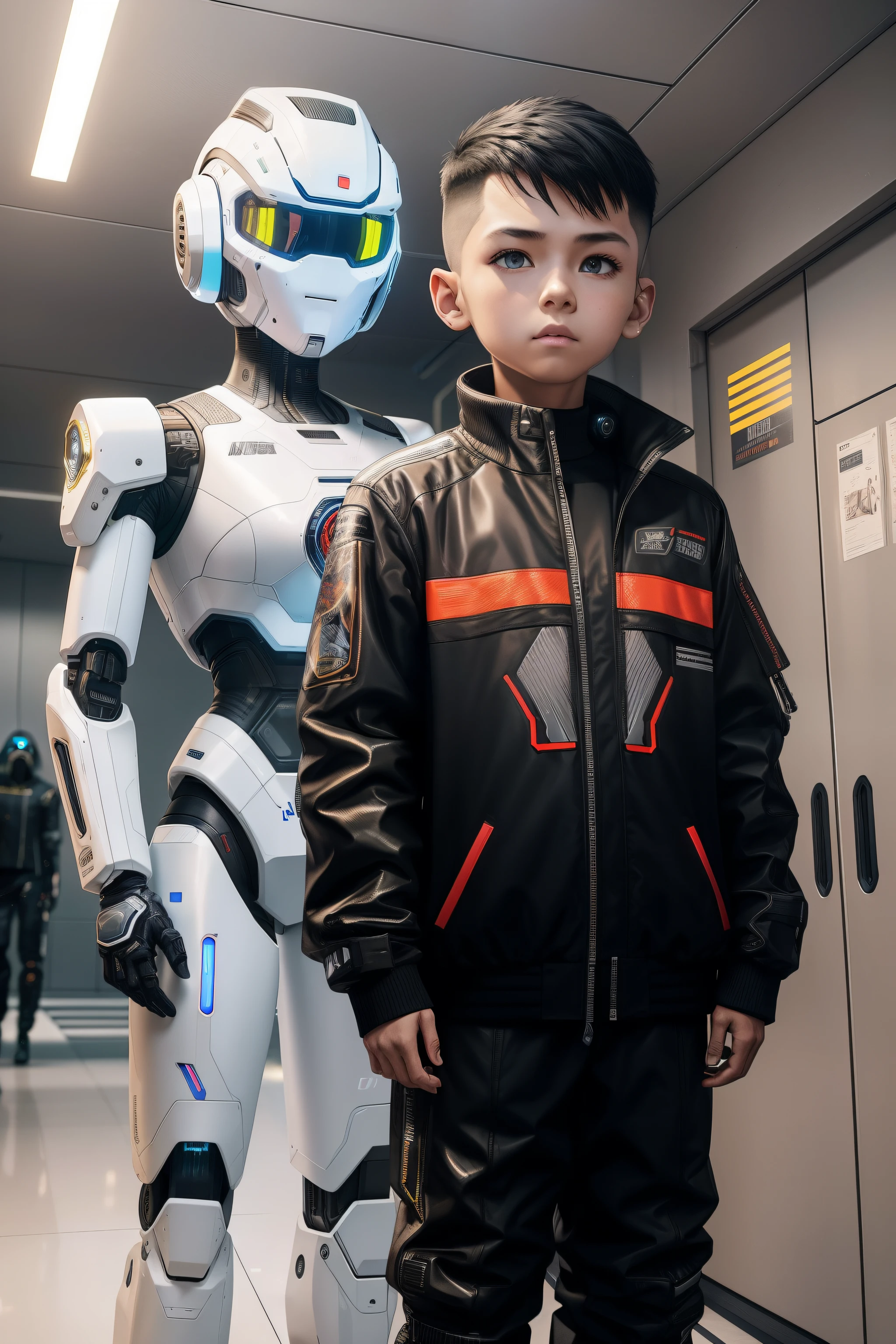 There is a boy standing next to the robot in the hallway, wearing cyberpunk 2 0 7 7 jacket, cyber future jacket, Cybertech clothing, the most advanced humanoid robot, Mecha suit, wearing cyberpunk streetwear, cyberpunk streetwear, wearing space techwear, wearing track and field suit, wearing japanese techwear, integrated synthetic android, girl wearing robotic suit, futuristic tech wear