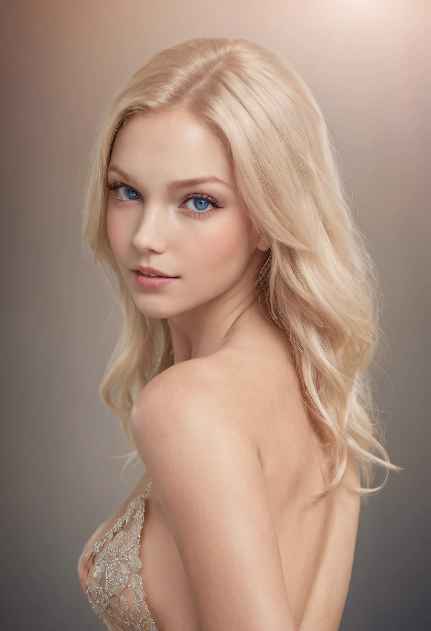 same face, blonde girl, blue eyes, beautiful, full body naked, legs open, from the back