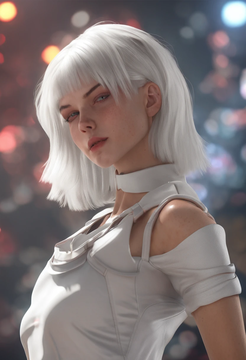 masterpiece, Surreal, Very high image quality, Extremely sharp detail. Description of 1 beautiful girl, blue eyes, Red lips, short white hair. The girl must have a full body tattoo. Girl wearing 1 white 2-string shirt see-through, in the position of taking off the panties. The girl with big breasts, The nipples are large and protruding, mu to, In the bedroom there is no light, Only twinkling lights from the stars.