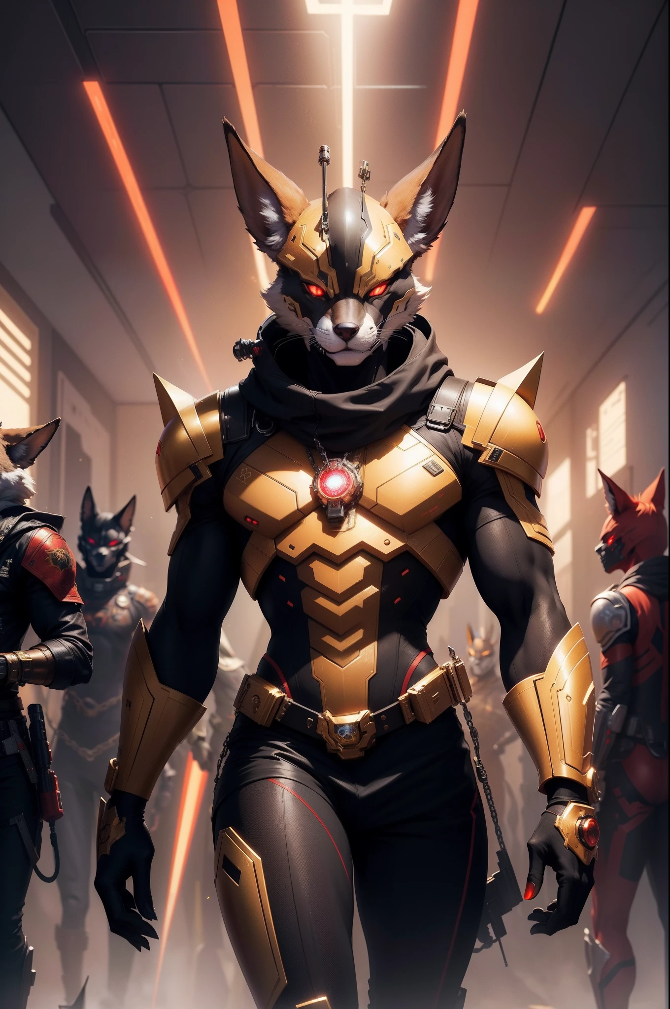 High Resulotion , Much details, Digital Art ,
On the Front a gold Male Anthro Anubian cyborg Jackal acrador Mindmachine with a scifi Blaster and Red Eyes , Background : Neonlighs and Scifi Hanger with Spaceships , in the distance stand some Black-red Anthro Anubian jackal soldiers , Any Red Banners at the walls