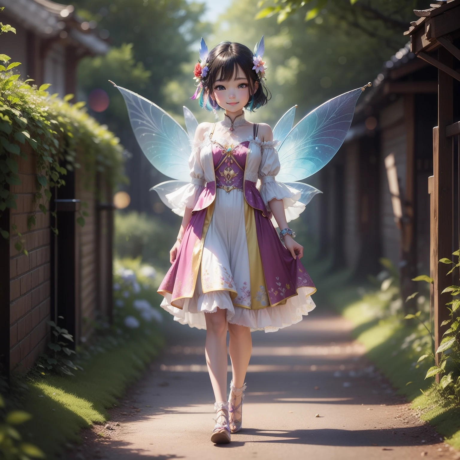 Fairy walking along rainbow path spectroscopic with prism、Transparent feathers、a smile、kawaii faces、Precise body、Highly precise body depiction、