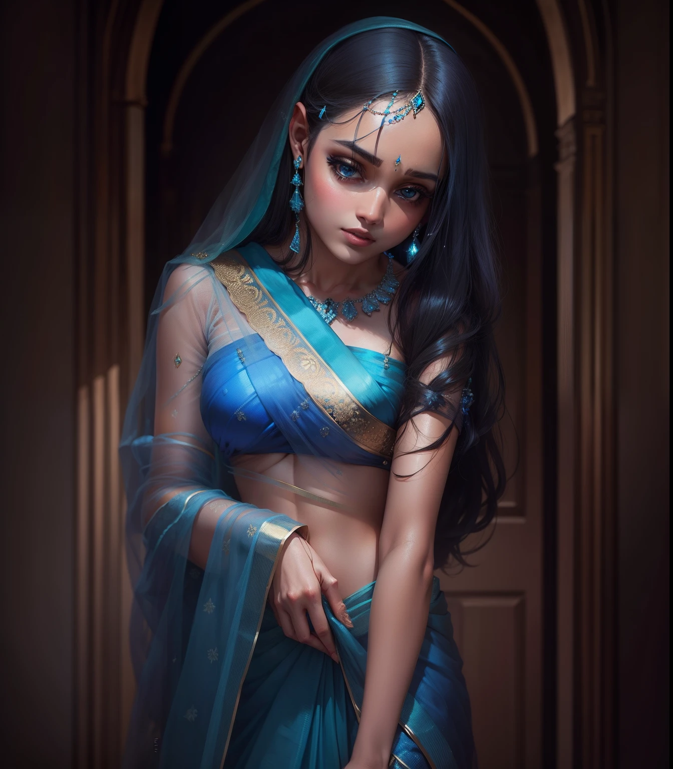 "Comfy and stylish, showcase a sexy woman in an ink blue cotton saree-blouse ensemble."