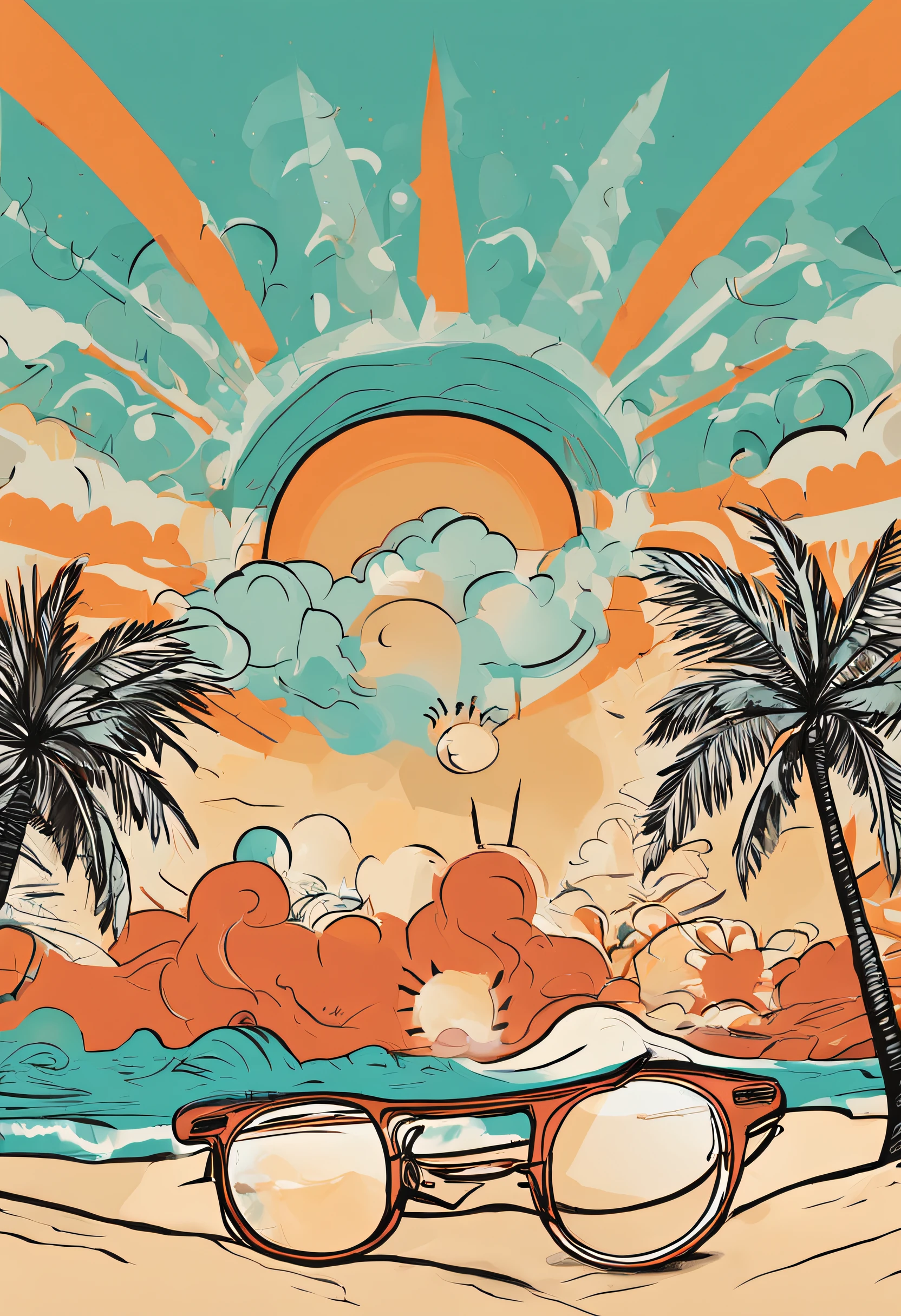 crie para mim uma arte de uma pessoa usando um oculos de sol estiloso no formato de desenho, something very good vibes to combine with a region of beach and sun