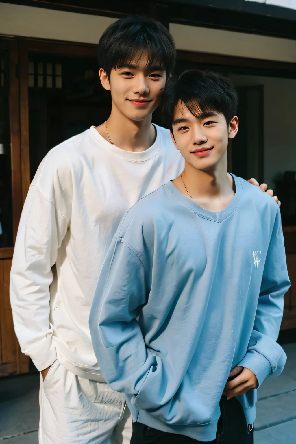 (male people), (Two boy couples，Same height，Two college students,different hair style), (28 year old), （beachside）, Film texture, Japanese film，真实感，Real Human, Nice light and shadow, The background is blurred out, long eyelasher,The upper part of the body, 二重まぶた, Handsome，youthfulness，freshen，Asian people，is shy，Fashionab，ssmile，largeeyes，Round eyes，