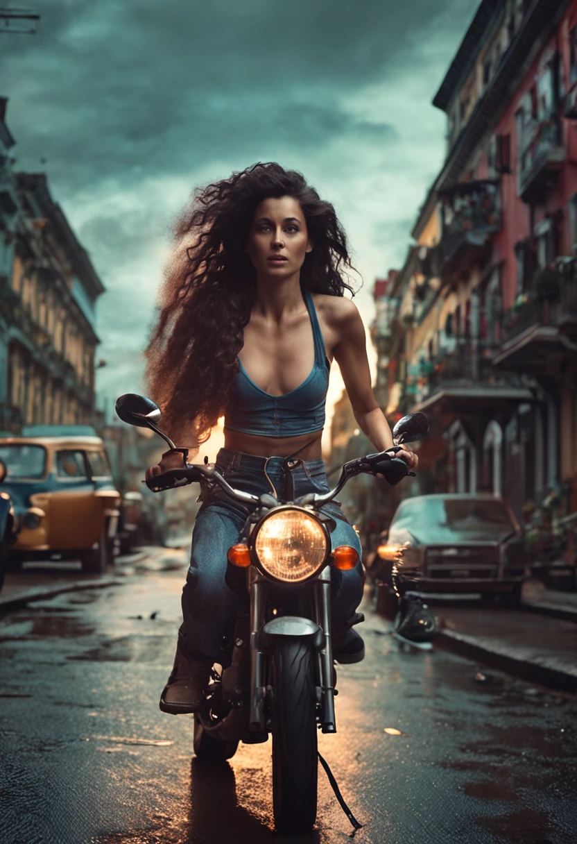 naked girl on a motorcycle, black curly hair, small high breasts. super realistic photo, small high breasts. super realistic photography, cinematic portrait