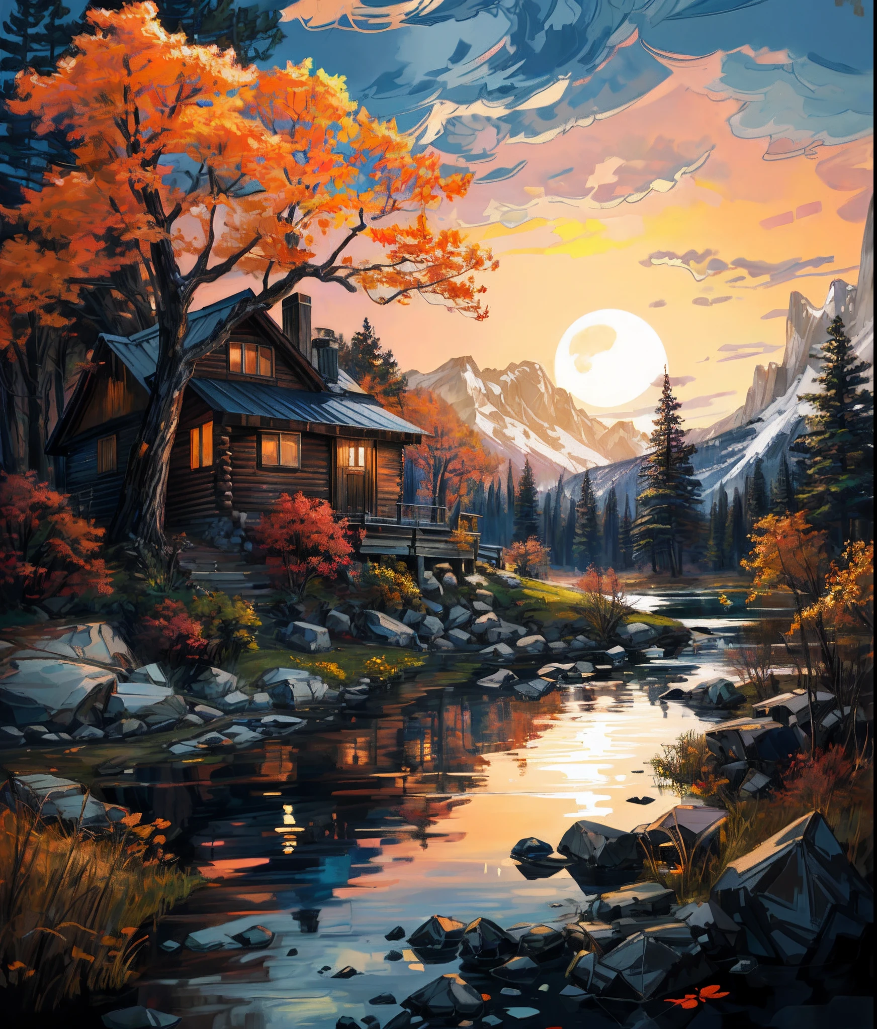 painting of a cabin by a lake with a full moon, detailed painting 4 k, beautiful art uhd 4 k, stunning art style, autumn sunset, scenery art detailed, scenery artwork, digital painting highly detailed, rich picturesque colors, in style of digital illustration, a beautiful artwork illustration, 4k highly detailed digital art, highly detailed digital painting, beautiful detailed scene