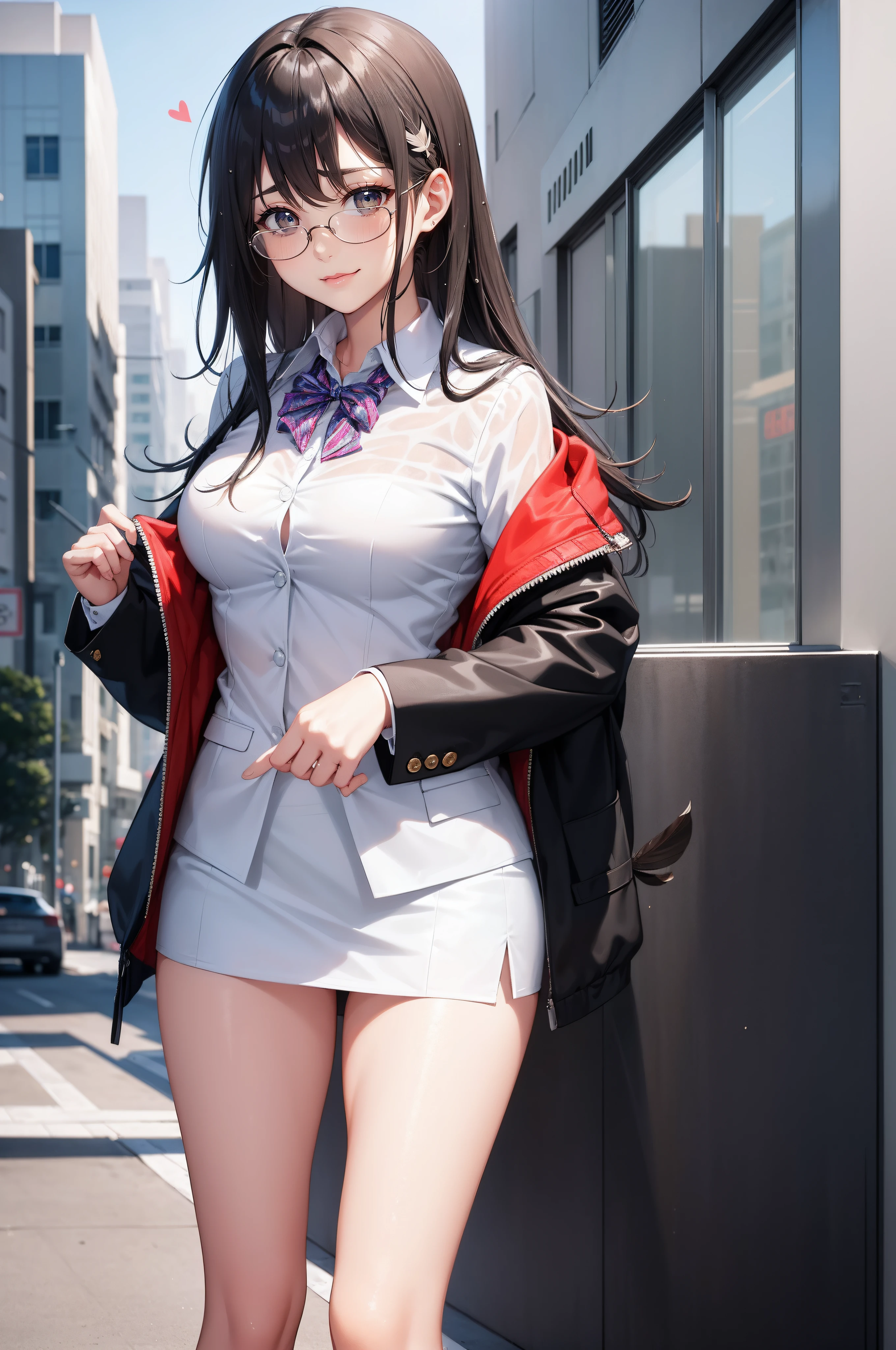 girl, wet hair, hair strand, bangs pinned back, feather hair ornament, heart hair ornament, smirk, crazy eyes, medium breasts, business_suit, suit , uwabaki, semi-rimless eyewear, bound legs,