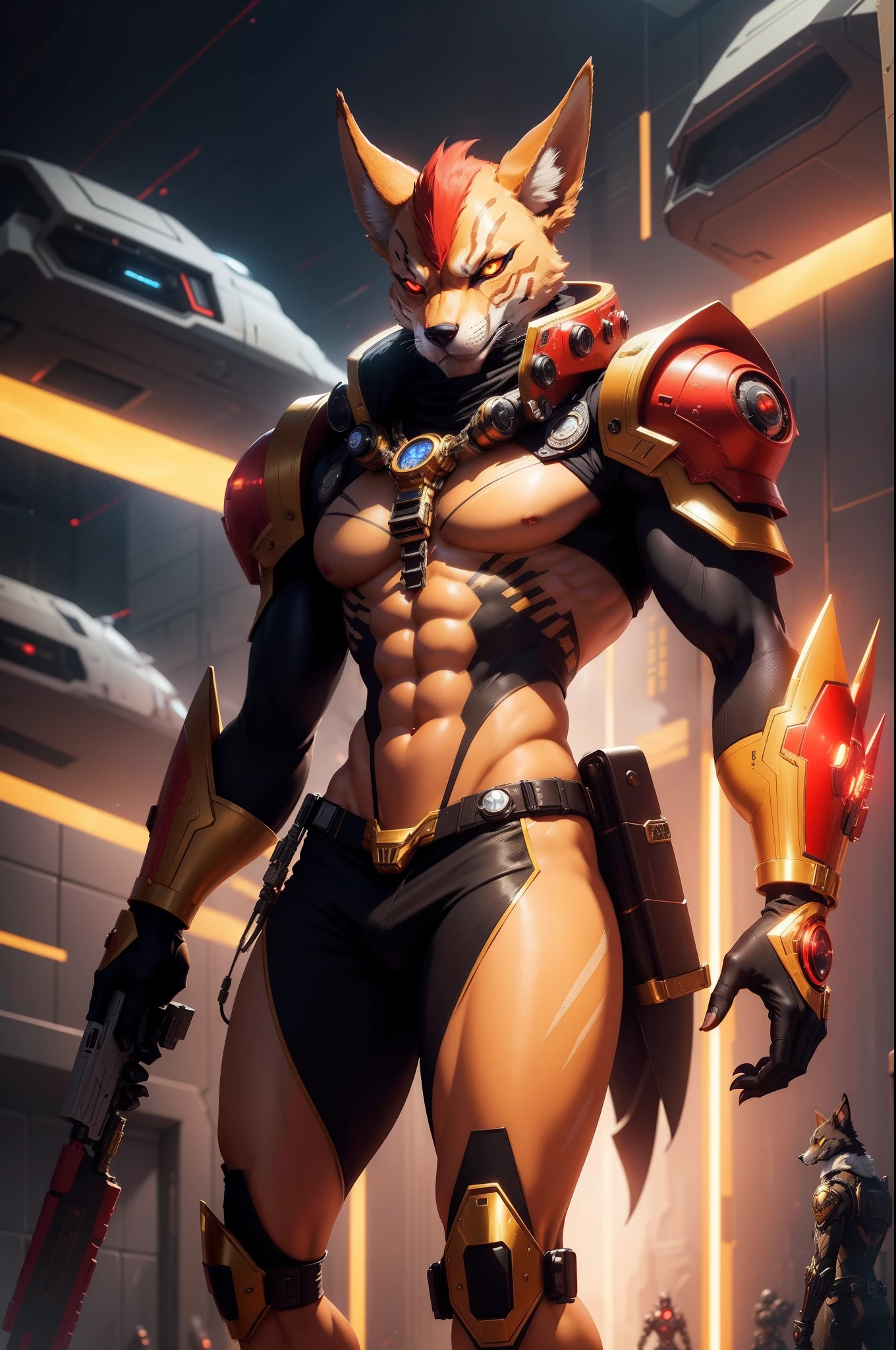 High Resulotion , Much details, Digital Art ,
On the Front a gold Male Anthro Anubian cyborg Jackal acrador Mindmachine with a scifi Blaster and Red Eyes , Background : Neonlighs and Scifi Hanger with Spaceships , in the distance stand some Black-red Anthro Anubian jackal soldiers , Any Red Banners at the walls