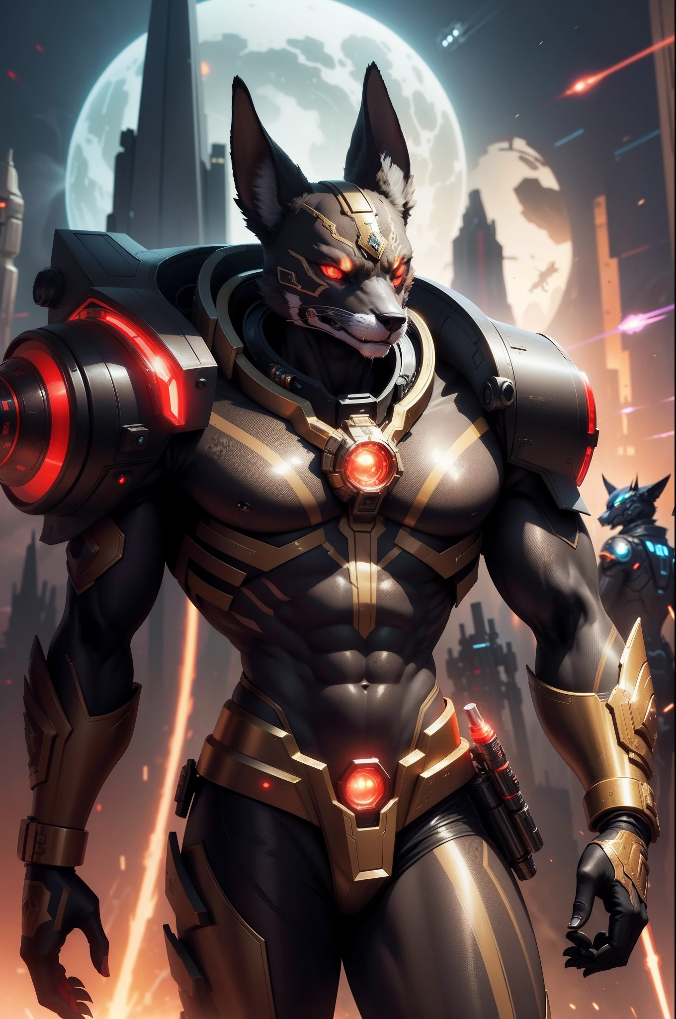 High Resulotion , Much details, Digital Art ,
On the Front a gold Male Anthro Anubian cyborg Jackal acrador Mindmachine with a scifi Blaster and Red Eyes , Background : Neonlighs and Scifi Hanger with Spaceships , in the distance stand some Black-red Anthro Anubian jackal soldiers , Any Red Banners at the walls