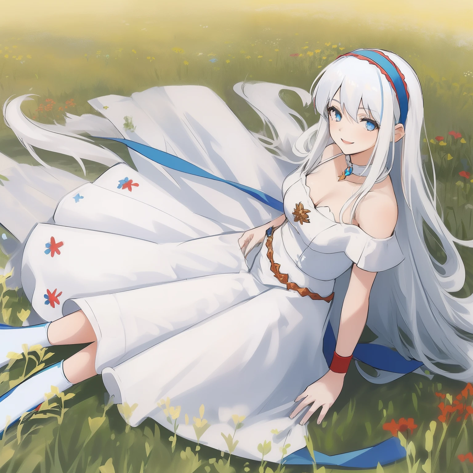 ((((1 woman)))), fullbody, ((((white hair)))), Throat red, ((((blue eyes)))), long hair, happy, smile, 18 year old, dynamic angle, ((((blue hairband)))),white dress, off shoulder, soul gem, race, ((((meadow))))