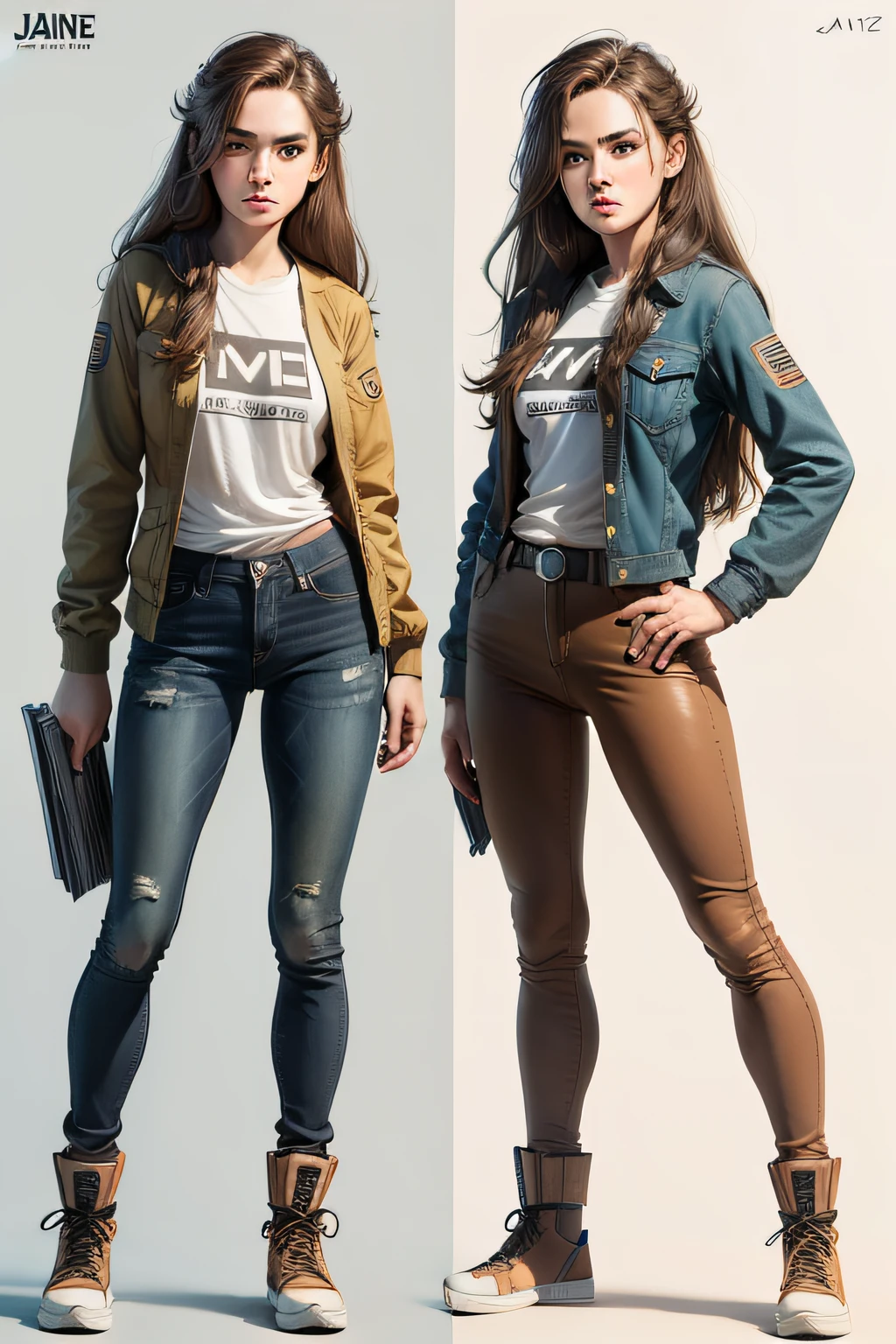 Jane, a 17 year old girl, tomboy, long brown hair, freckles, comic book style, realistic, full body sketch, gritty, character sheet, multiple poses, white background