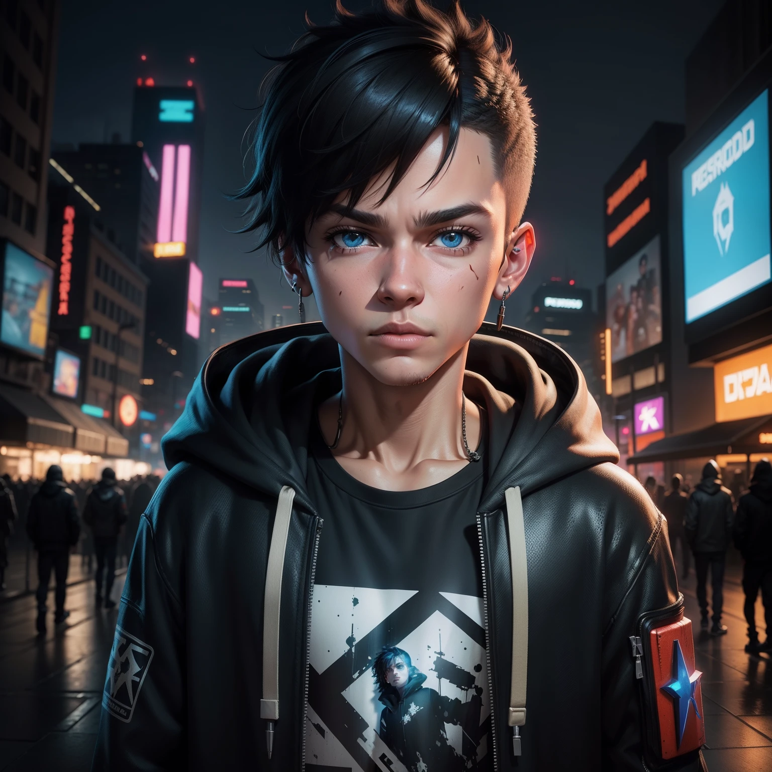 Cyberpunk potrait pixar 3d character teenage boy with hoodie realistic, realistic face