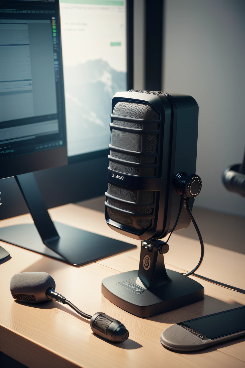 There is a microphone on the table next to the computer, computer render：Ejnar Nielsen, trending on polycount, mingei, 3 d product render, sitting in front of a microphone, highly detailed render, microphones, Product rendering, standing microphones, studio microphone, Professional grade, fully detailed render, detailed wide shot