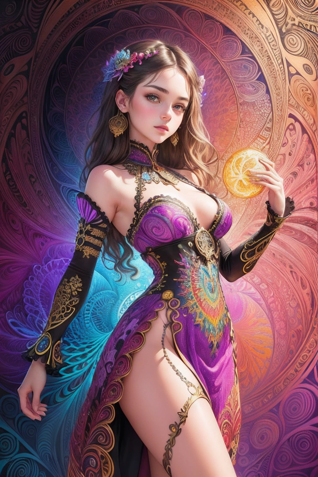 (masterpiece, top quality, best quality, official art, beautiful and aesthetic:1.2), (1girl:1.3), extremely detailed,(fractal art:1.2),colorful,highest detailed,(zentangle:1.2), ((dynamic pose)), (abstract background:1.5), (traditional dress:1.2), (shiny skin), (many colors:1.4), upper body.
